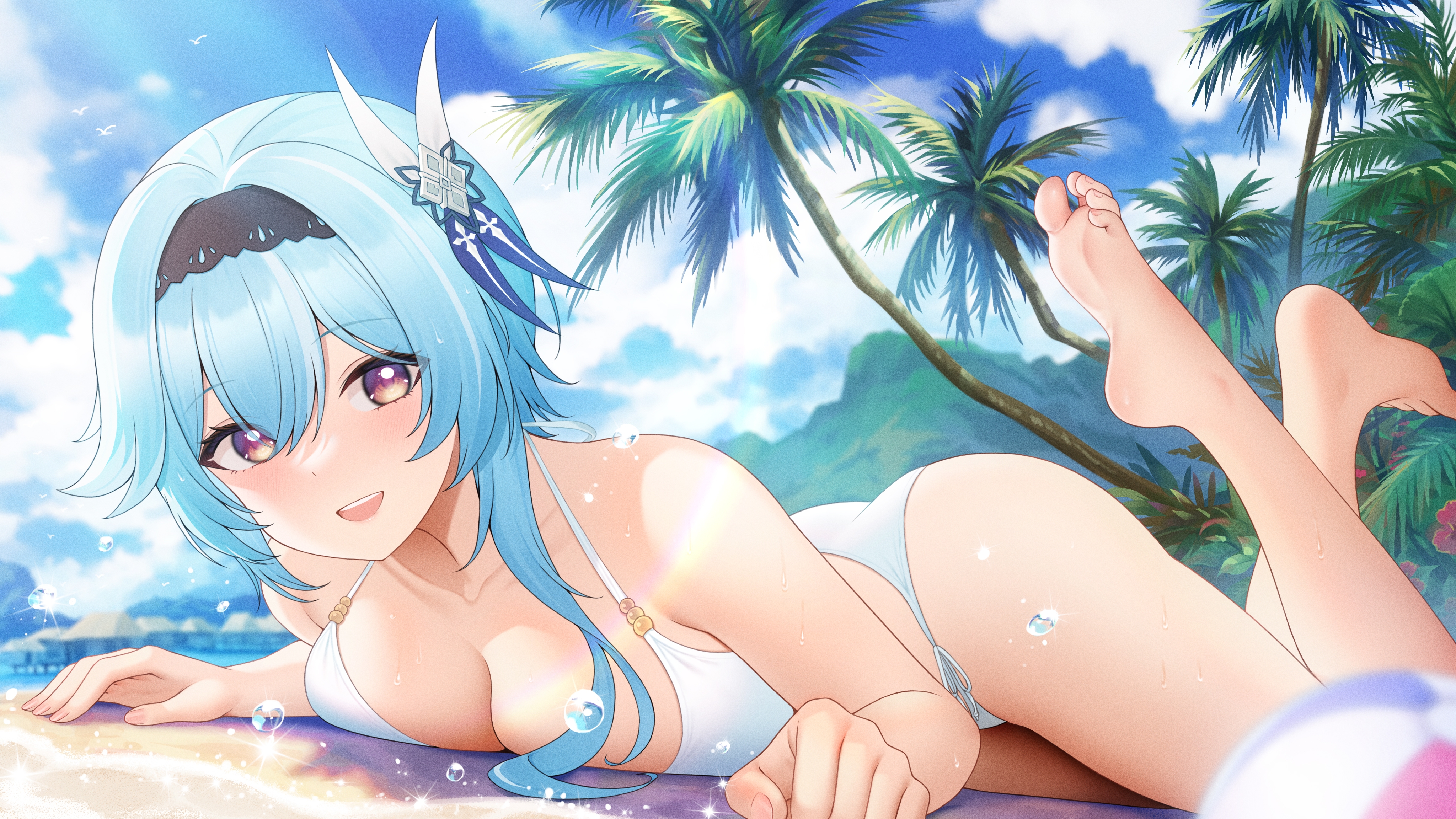 1girls, 2022, ass, barefoot, beach, beach ball, bikini, blue eyes, breasts, eula (genshin impact), feet, female, female only, fukuro ko (greentea), genshin impact, hair ornament, hi res, hips, huge breasts, large ass, long hair, lying on stomach, outdoors, purple eyes, slim waist, smile, swimsuit, thick thighs, thighs, very long hair, white bikini, wide hips