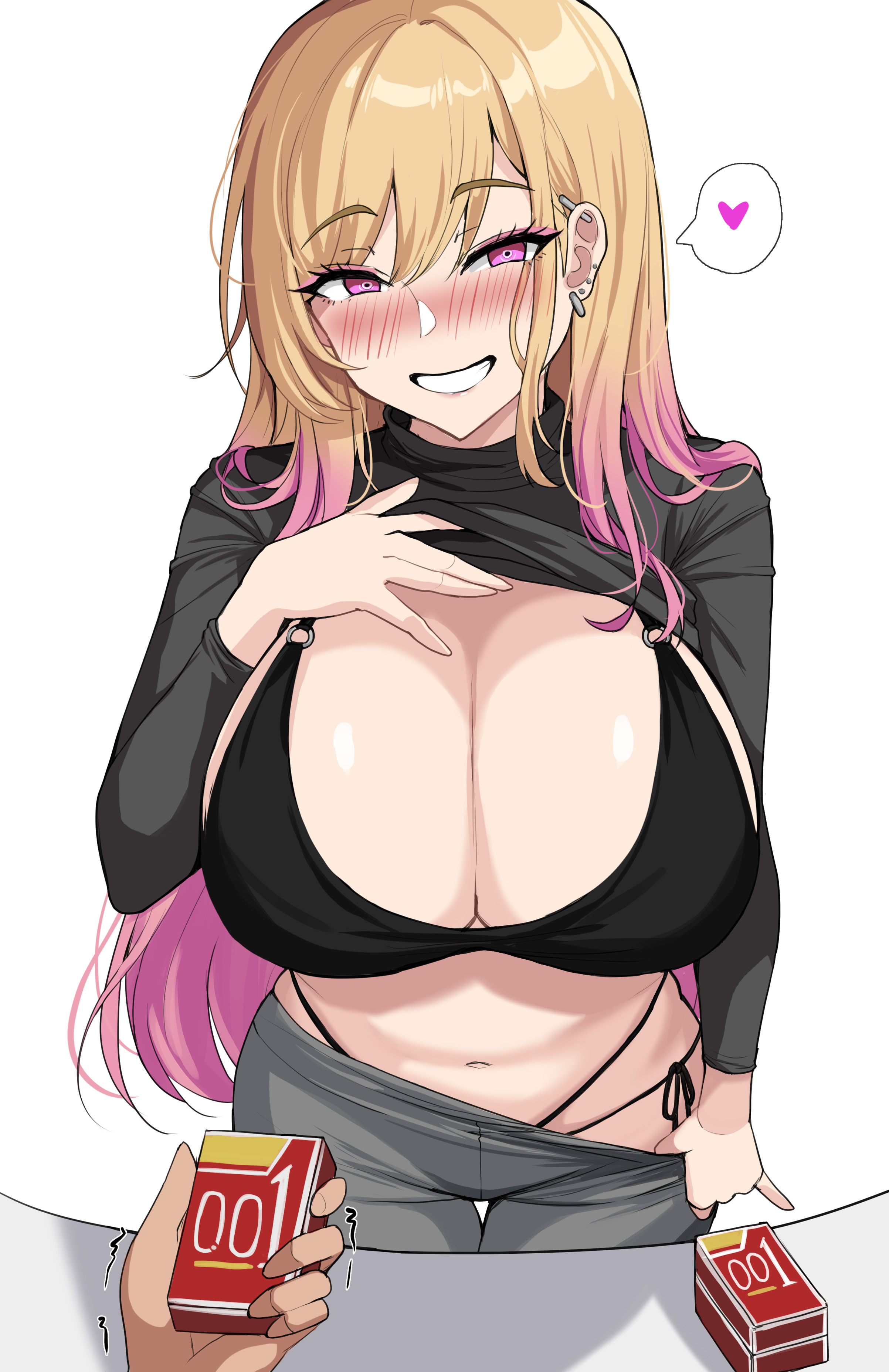 1boy, 1girls, 2022, absurd res, alternate eye color, blonde hair, bra, breasts, buying condoms, cleavage, drogod (artist), female, flashing, flashing breasts, flashing panties, gyaru, hips, huge breasts, kitagawa marin, long hair, male, naughty face, panties, purple eyes, slim waist, smile, sono bisque doll wa koi wo suru, suggestive look, thick thighs, thighs, wide hips