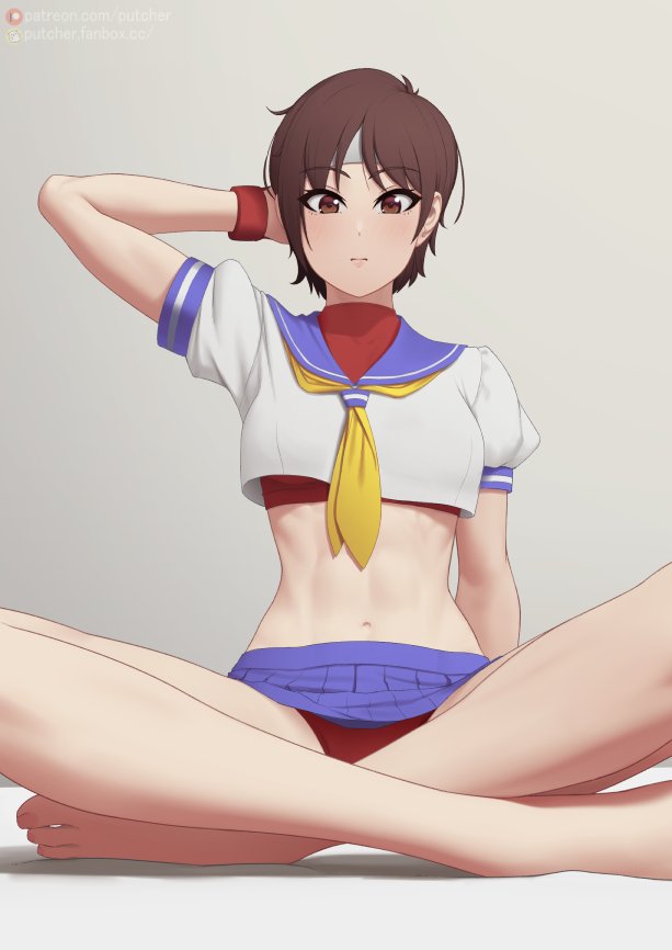 1girls, abs, blush, brown hair, buruma, capcom, female, muscular, muscular female, putcher, sakura kasugano, school uniform, schoolgirl, short hair, solo, street fighter, tomboy, very short hair