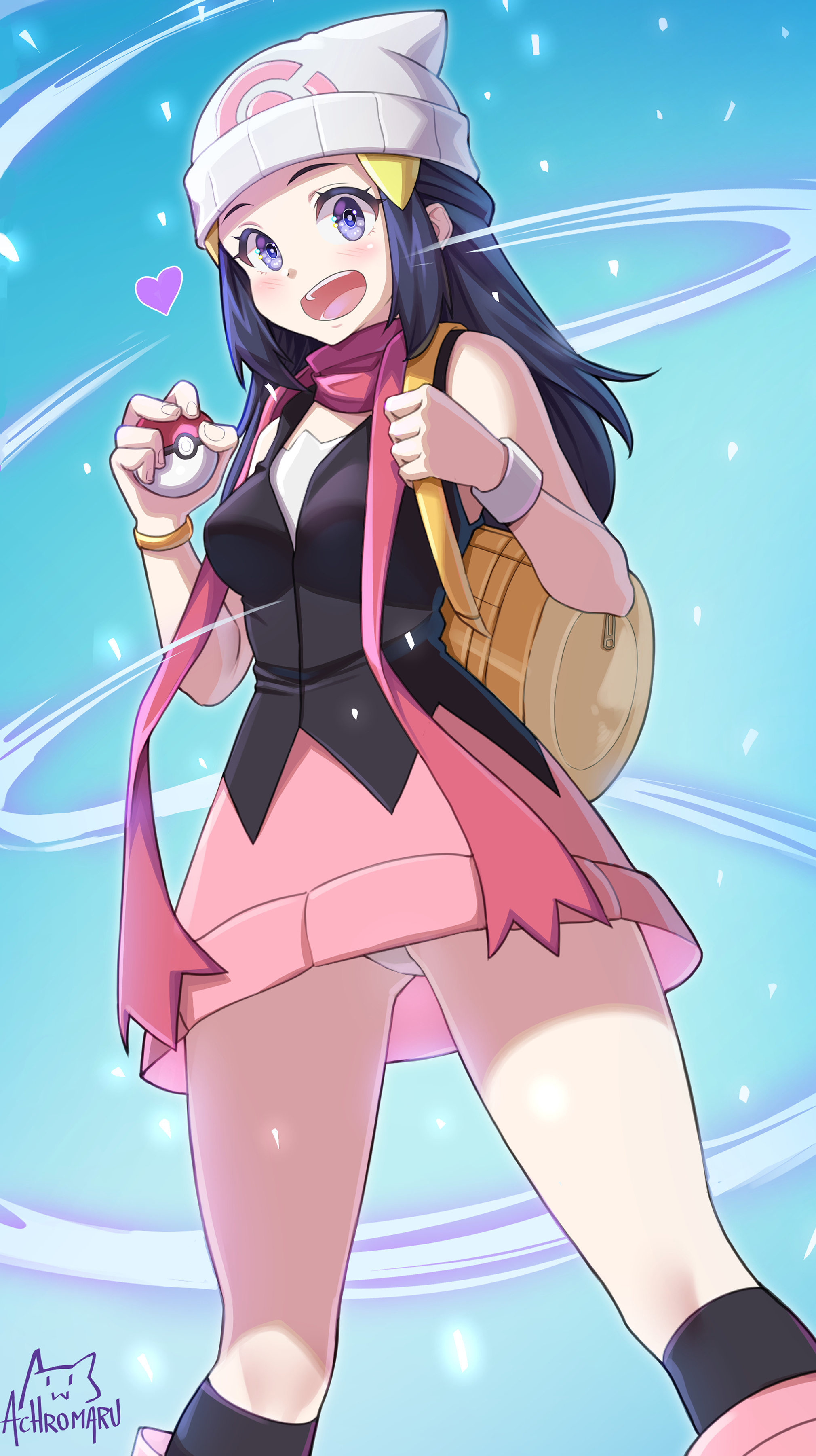 1girls, achromaru, bag, blue eyes, blue hair, blush, boots, breasts, dawn (pokemon), female, female focus, female only, game freak, handbag, hat, highres, kneehighs, legs, legs apart, long hair, long skirt, looking at viewer, medium breasts, nintendo, open mouth, panties, poke ball, pokeball, pokemon, pokemon (game), pokemon dppt, scared, skirt, teeth, teeth showing, thighs, tongue