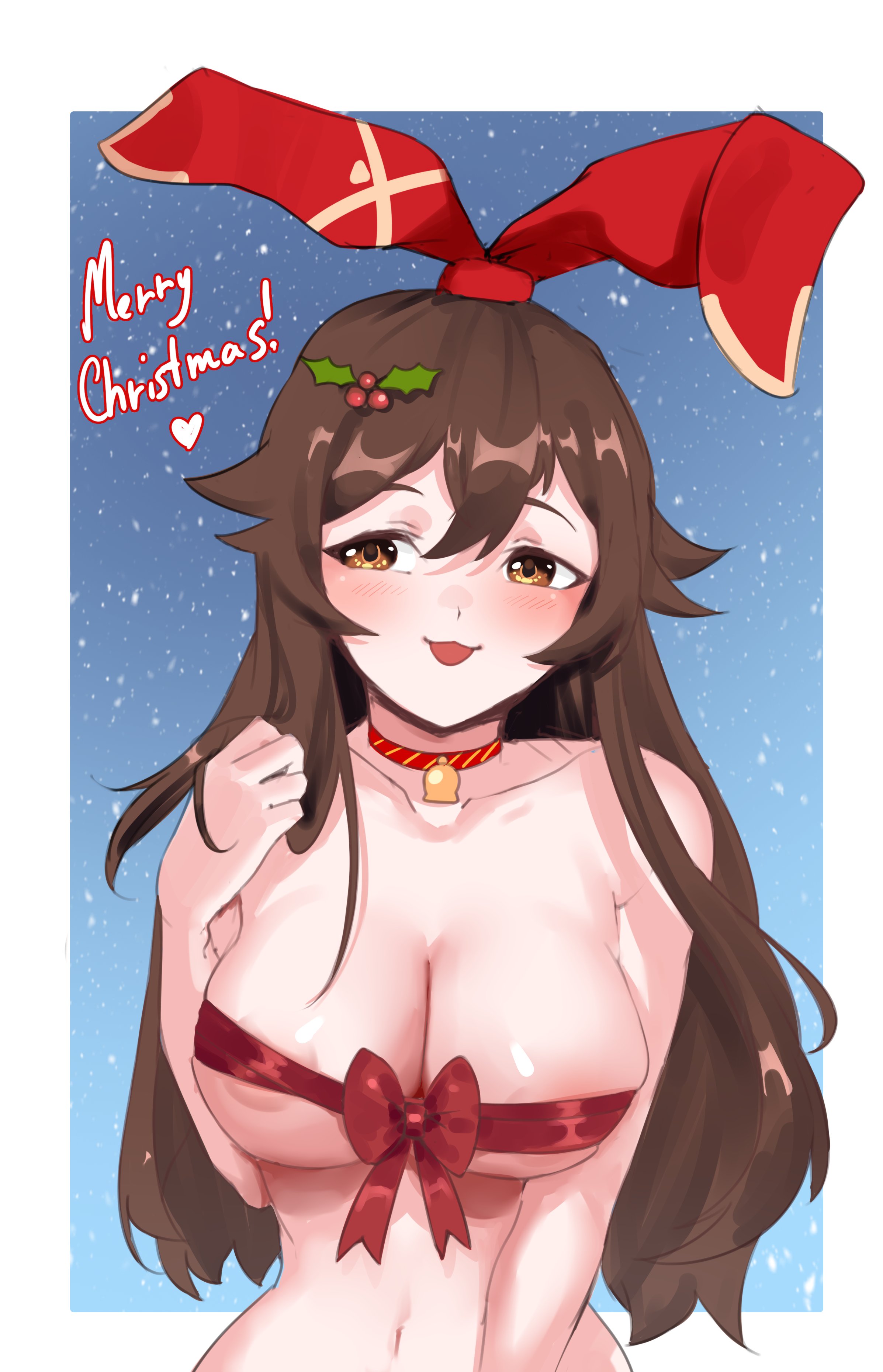2021, amber (genshin impact), blush, breasts, brown hair, christmas, detectiveneko, female, genshin impact, large breasts, long hair