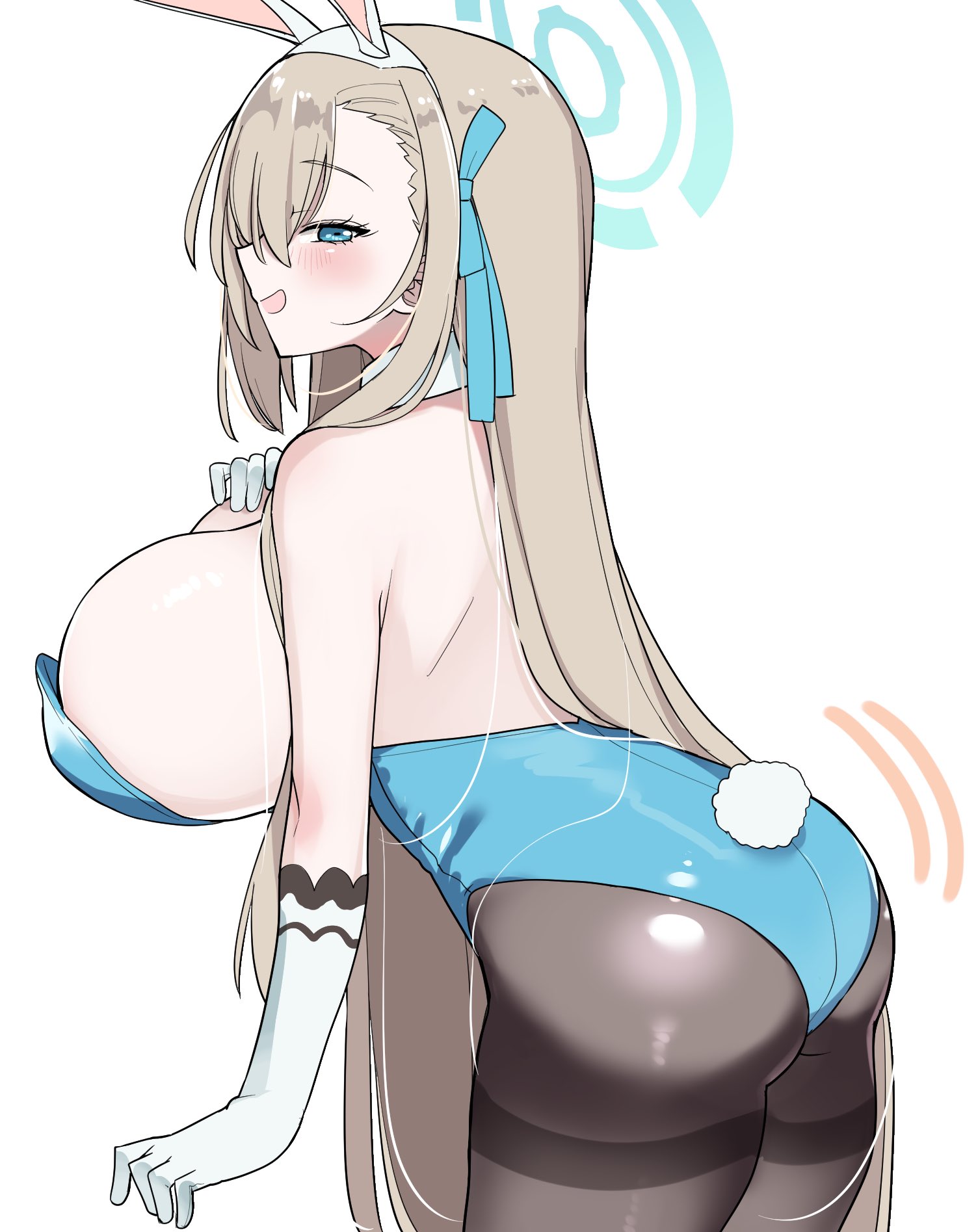 akitokage, animal ears, ass, asuna (blue archive), asuna (bunny girl) (blue archive), asuna (bunny) (blue archive), bangs, bare shoulders, blue archive, blue eyes, blue leotard, blush, breasts, brown legwear, detached collar, elbow gloves, fake animal ears, female, gloves, hair over one eye, highleg, highleg leotard, highres, huge breasts, leotard, light brown hair, long hair, looking at viewer, open mouth, pantyhose, playboy bunny, rabbit ears, rabbit tail, sideboob, smile, solo, tail, thighs, white gloves