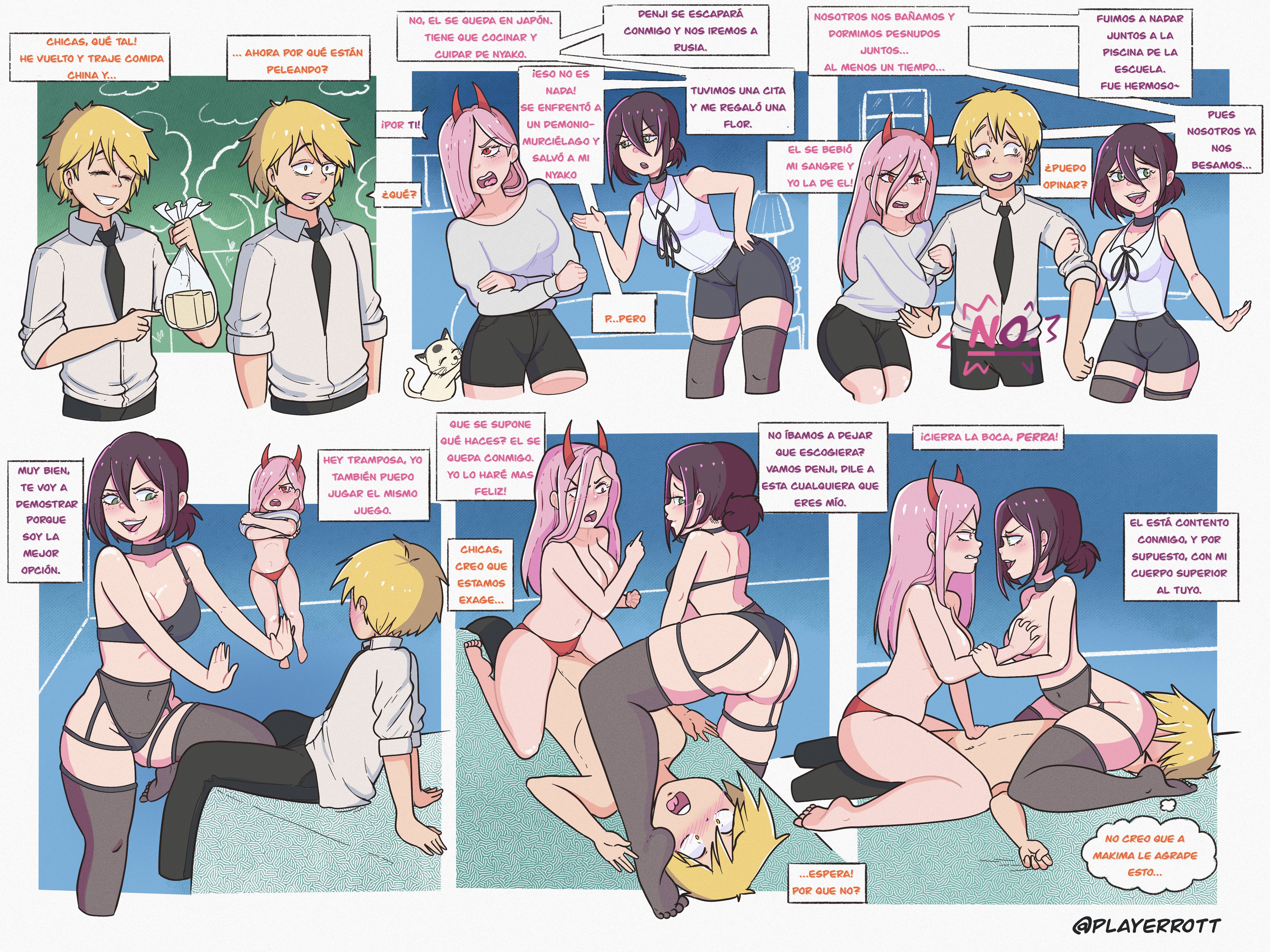 1boy, 1girls, 2girls, chains, chainsaw man, choker, comic, competition, cunnilingus, cute, denji (chainsaw man), dialogue, facesitting, female, fringe, green eyes, grinding, horns, licking anus, licking ass, lingerie, male, mappa, oral, petite, pink hair, playerrott, power (chainsaw man), purple hair, reverse spitroast, reze (chainsaw man), spanish text, straddling, teenager, text, threesome, tied hair, translated