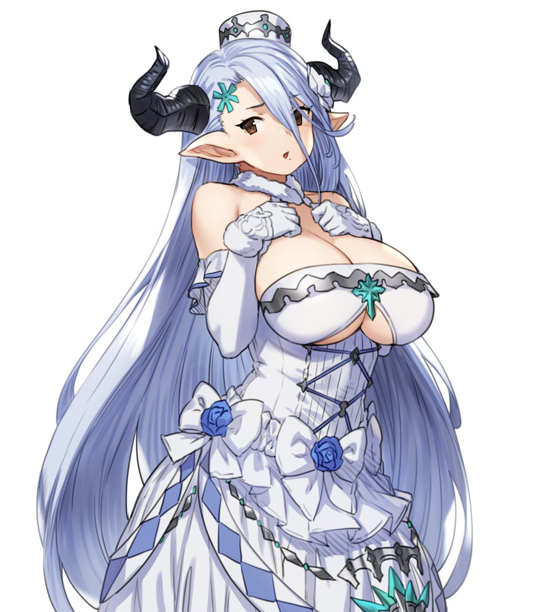 boob_window draph dress granblue_fantasy horns houtengeki huge_breasts izmir_(granblue_fantasy) looking_at_viewer underboob wedding_dress white_hair