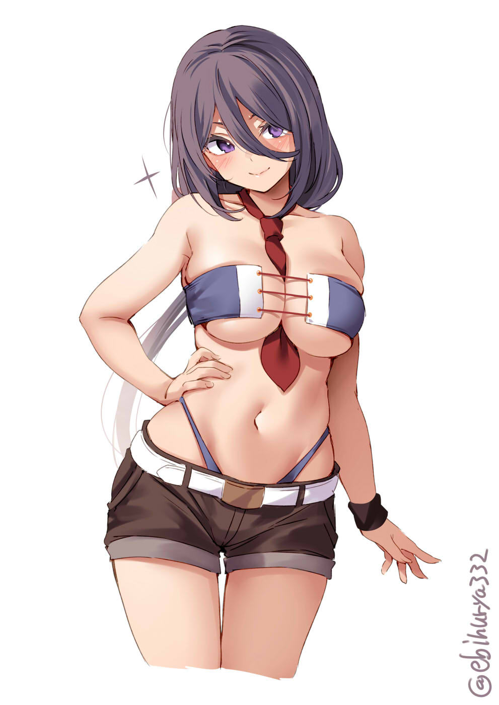 ariake_(kantai_collection) bangs between_breasts bikini black_hair blush breasts cleavage cowboy_shot ebifurya female hand_on_hip highres kantai_collection large_breasts long_hair looking_at_viewer low_ponytail navel necktie necktie_between_breasts purple_bikini purple_eyes purple_hair shorts smile solo stomach swimsuit twitter_username white_background