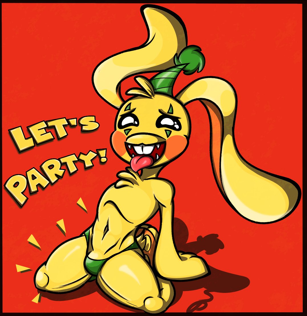 anthro black_eyes buckteeth bulge bunzo_bunny chest_fur clothing fangs floppy_ears fur genitals green_clothing hat headgear headwear lagomorph leporid male male/male mammal panties party_hat penis penis_base poppy_playtime rabbit solo steph_chan teeth thong tongue tongue_out underwear yellow_body yellow_fur