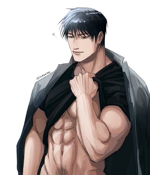 1boy, abs, belly button, big muscles, black coat, black hair, black shirt, coat, holding shirt, jujutsu kaisen, male, male focus, male only, muscles, muscular, muscular male, pubes, pubes exposed, pubic hair, scar, solo, solo male, toji fushiguro, yuannaoi