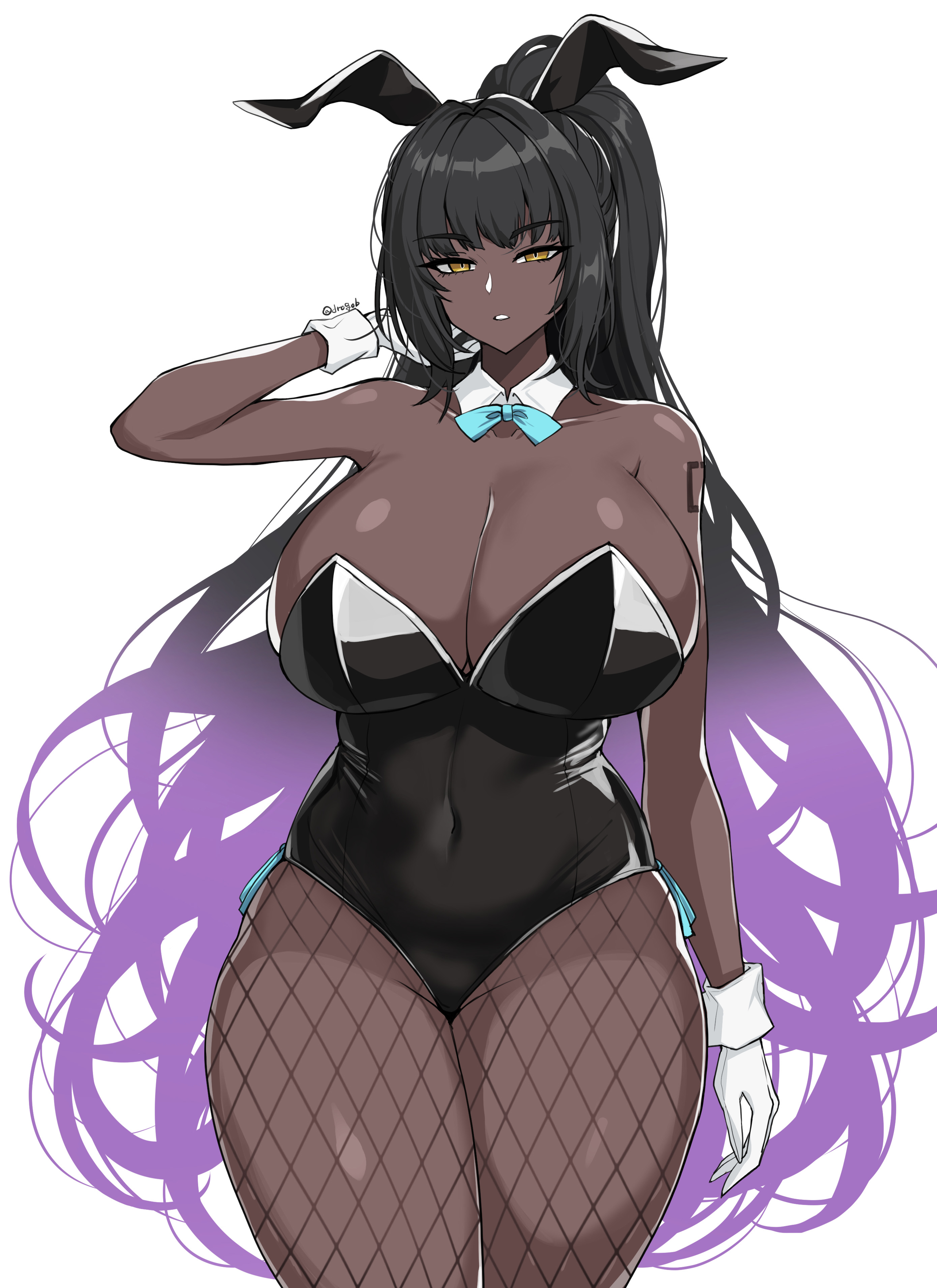 1girls, absurd res, black hair, black leotard, blue archive, breasts, brown skin, bunny ears, bunny girl, bunnysuit, dark skin, dark-skinned female, drogod (artist), female, female focus, female only, fishnets, hi res, highleg leotard, hips, huge breasts, karin (blue archive), karin (bunny) (blue archive), leotard, long hair, long ponytail, looking at viewer, ponytail, purple hair, simple background, slim waist, thick thighs, thighs, two-tone hair, white background, wide hips, yellow eyes