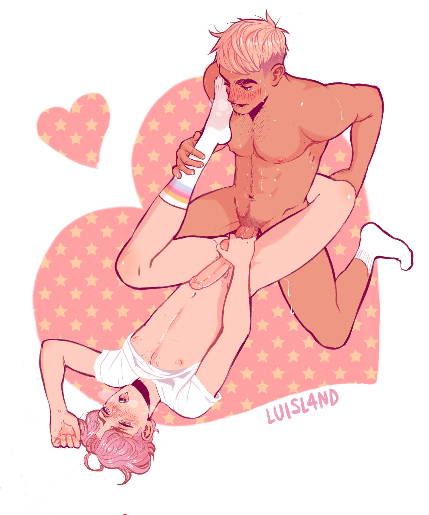 anal, anal sex, balls, balls grab, biting lip, blush, femboy, gay, holding balls, holding leg, looking at partner, looking pleasured, luisl4nd, male, pink hair, shirt up, short hair, six pack, socks, sweat, sweatdrop, sweaty, twink, yaoi
