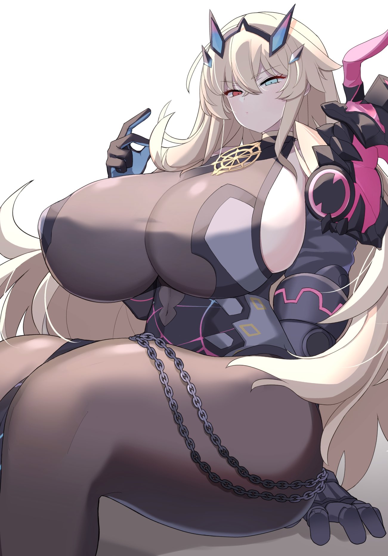 1girls akitokage armor asymmetrical_armor asymmetrical_arms asymmetrical_eyes bangs bare_shoulders barghest_(gawain)_(fate) black_dress blonde_hair breasts breasts_bigger_than_head brown_legwear chains dress fate/grand_order fate_(series) female gauntlets gigantic_breasts heterochromia highres horns large_breasts long_hair looking_at_viewer pantyhose pauldrons shoulder_armor sideboob single_gauntlet single_pauldron solo