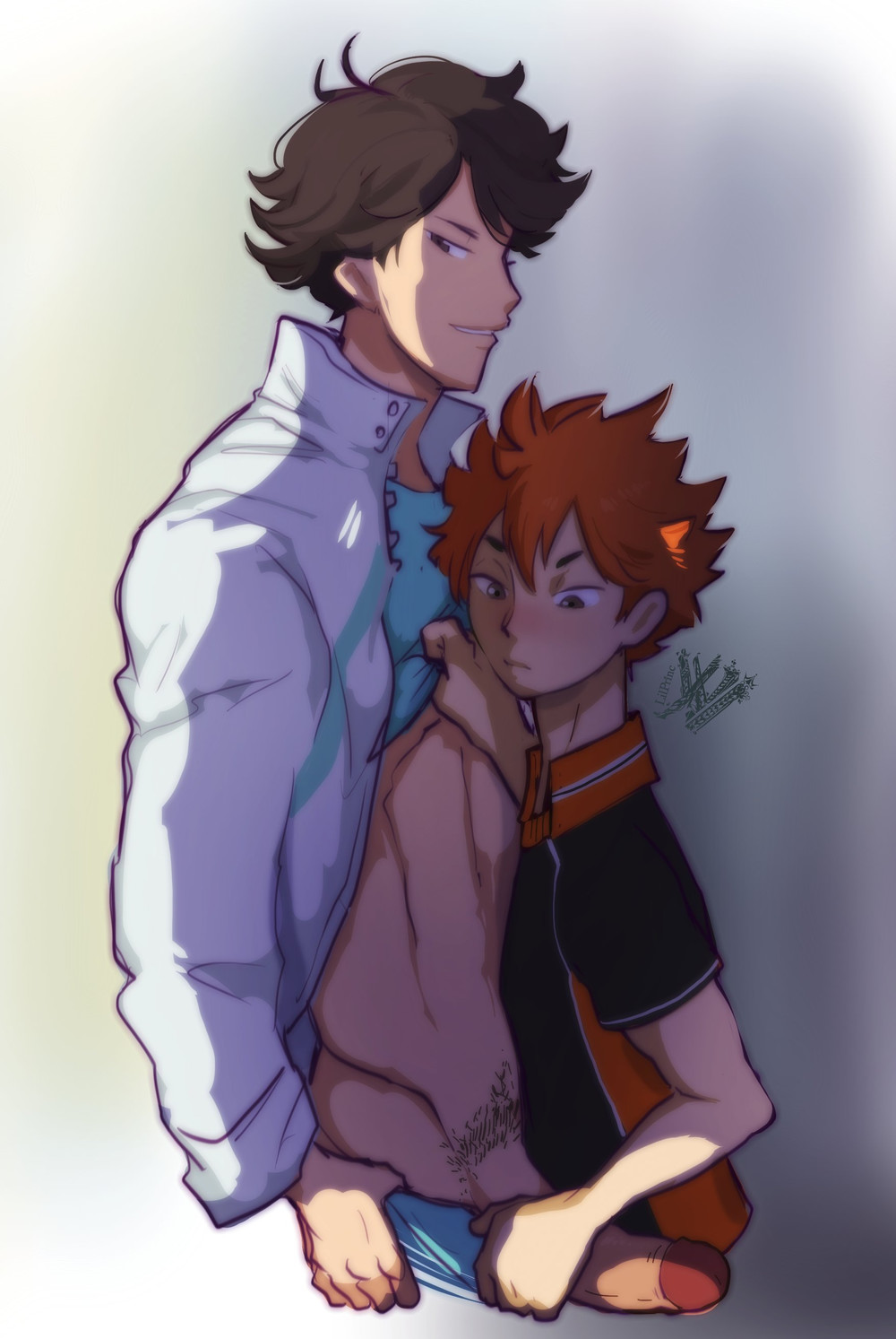 big_penis brown_hair erection gay haikyuu!! handjob height_difference hiding jacket lifting_shirt lilprincyvi male male_only oikawa_tooru_(haikyuu!!) orange_hair pubic_hair shirt_lift shirt_up shorts_down shoyo_hinata size_difference sports_uniform sportswear yaoi