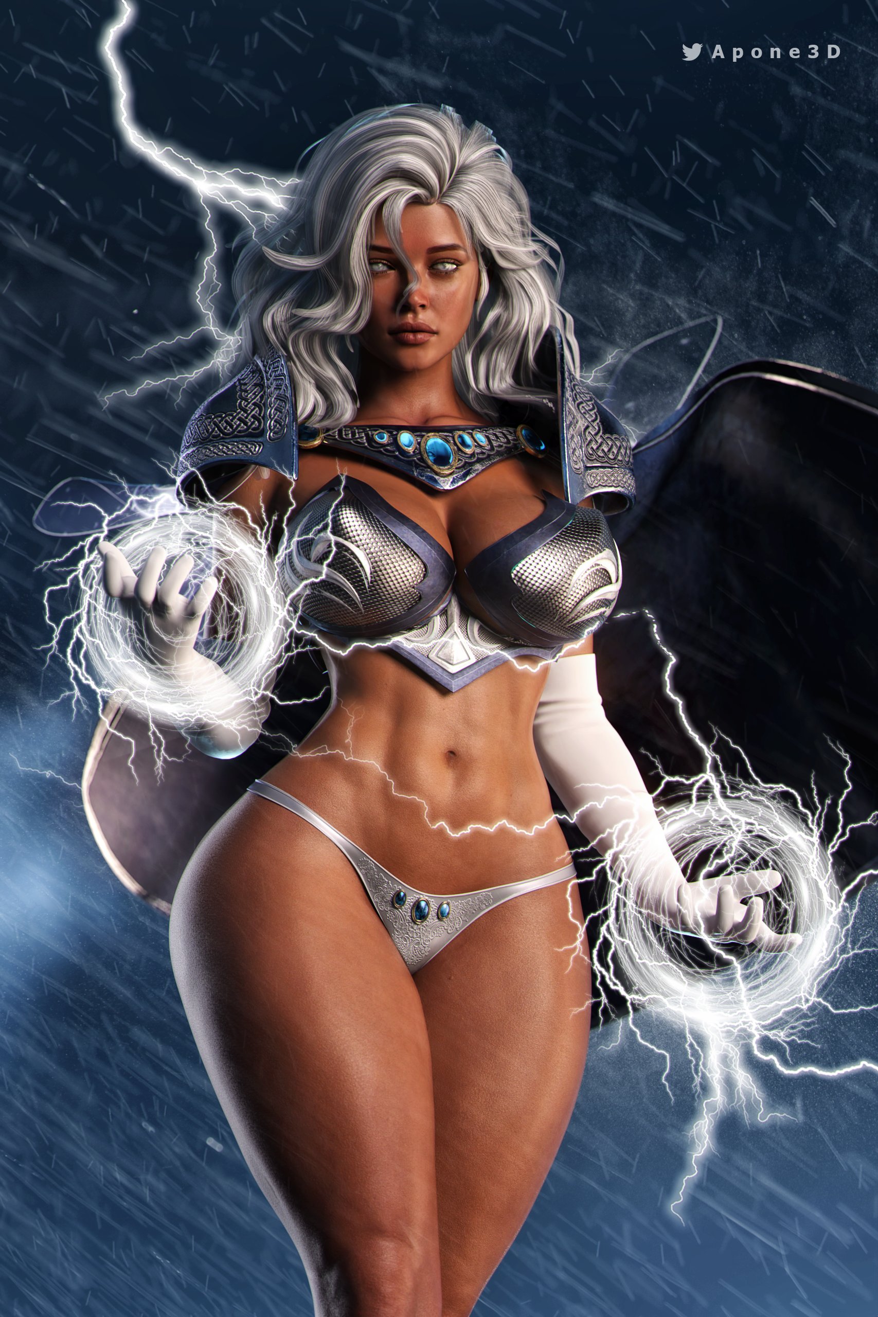 1girls, 3d, abs, african, african female, apone3d, big breasts, breasts, cleavage, dark skin, dark-skinned female, female, female only, lightning, marvel, marvel comics, mutant, ororo munroe, panties, rain, raining, solo, solo female, storm (x-men), tagme, thick thighs, white eyes, white hair, white nails, x-men