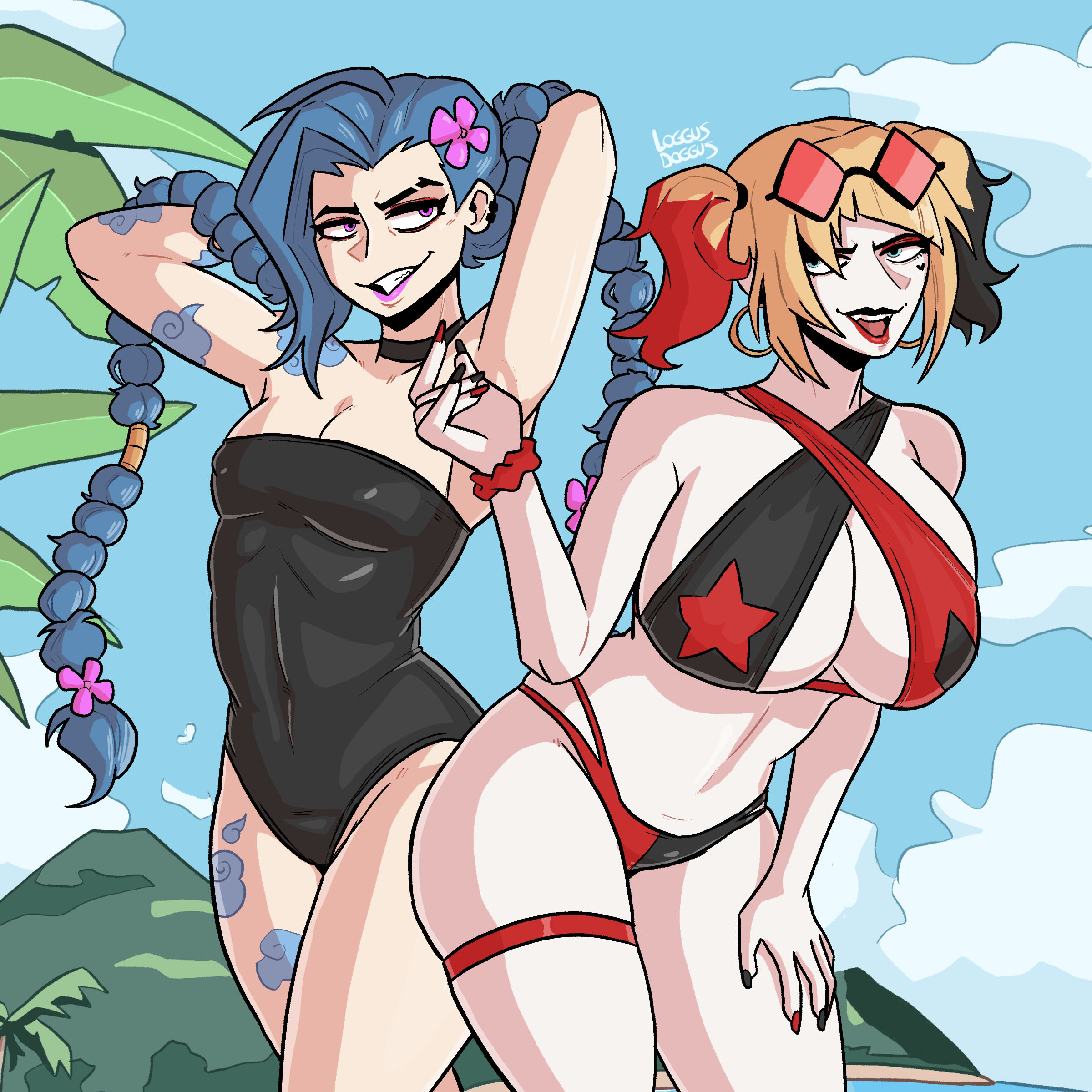 2girls, beach, bikini, blue hair, braid, braided hair, braided twintails, breast size difference, breasts, choker, crossover, crossover pairing, dc, dc comics, death battle, female, female focus, female only, flat chest, flat chested, flower, flower in hair, harley quinn, jinx (league of legends), large breasts, league of legends, leotard, lipstick, loggus doggus, multiple females, multiple girls, nail polish, one-piece swimsuit, pink eyes, riot games, sunglasses, sunglasses on head, swimsuit, tattoo, tattooed arm, tattoos, twintails, white skin