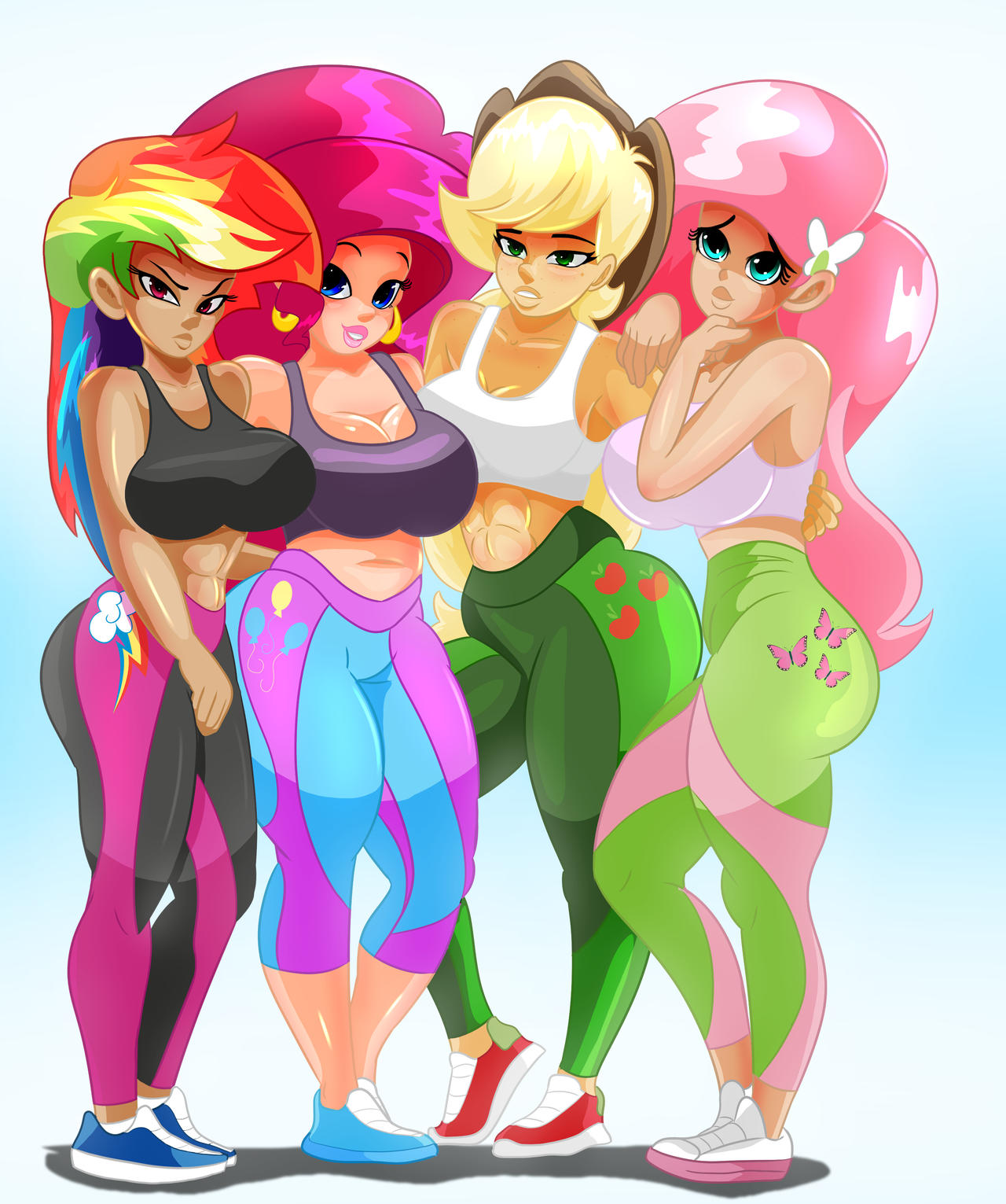 4girls, applejack (mlp), ass, big ass, big breasts, breasts, female, female only, fluttershy (mlp), human, humanized, muscular, my little pony, my little pony friendship is magic, pinkie pie (mlp), rainbow dash (mlp), smooth skin, sonson-sensei, sports bra, yoga pants