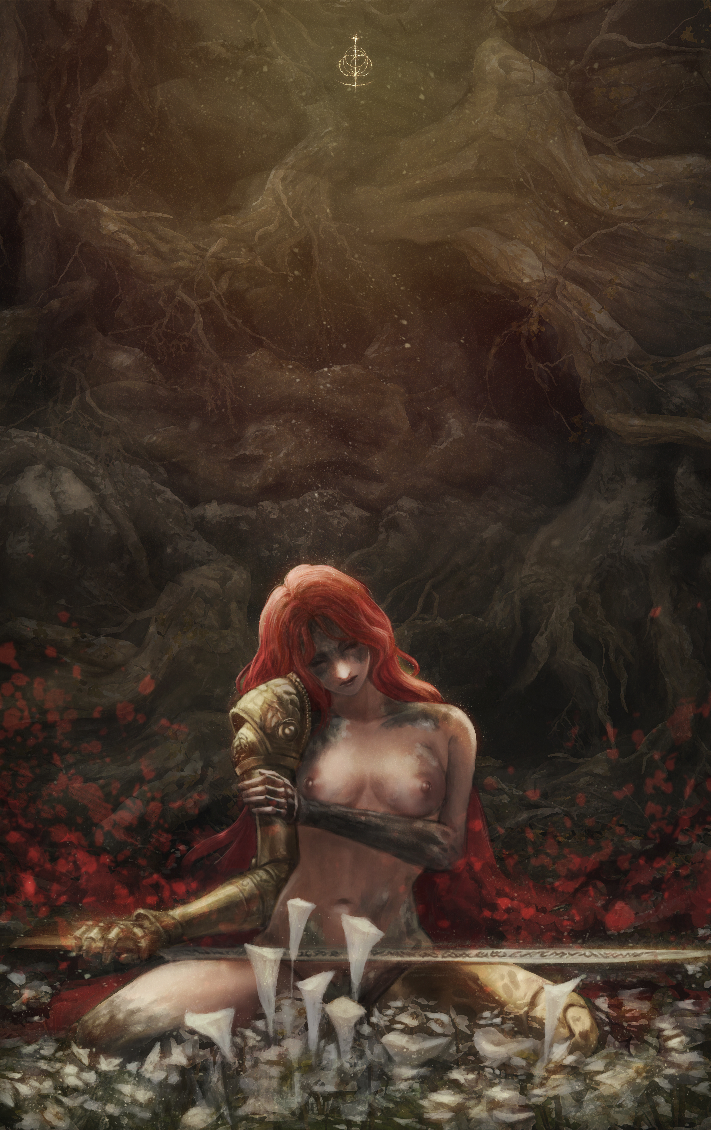 amputee, breasts, bug, butterfly, casual nudity, closed eyes, completely nude, detailed, detailed background, elden ring, female, flower, fromsoftware, high resolution, holding, holding sword, holding weapon, kneeling, large filesize, long hair, looking at viewer, malenia blade of miquella, monori rogue, monorirogue, navel, nude, painting (artwork), prosthesis, prosthetic arm, prosthetic leg, red hair, solo, solo female, sword, very high resolution, very long hair, weapon