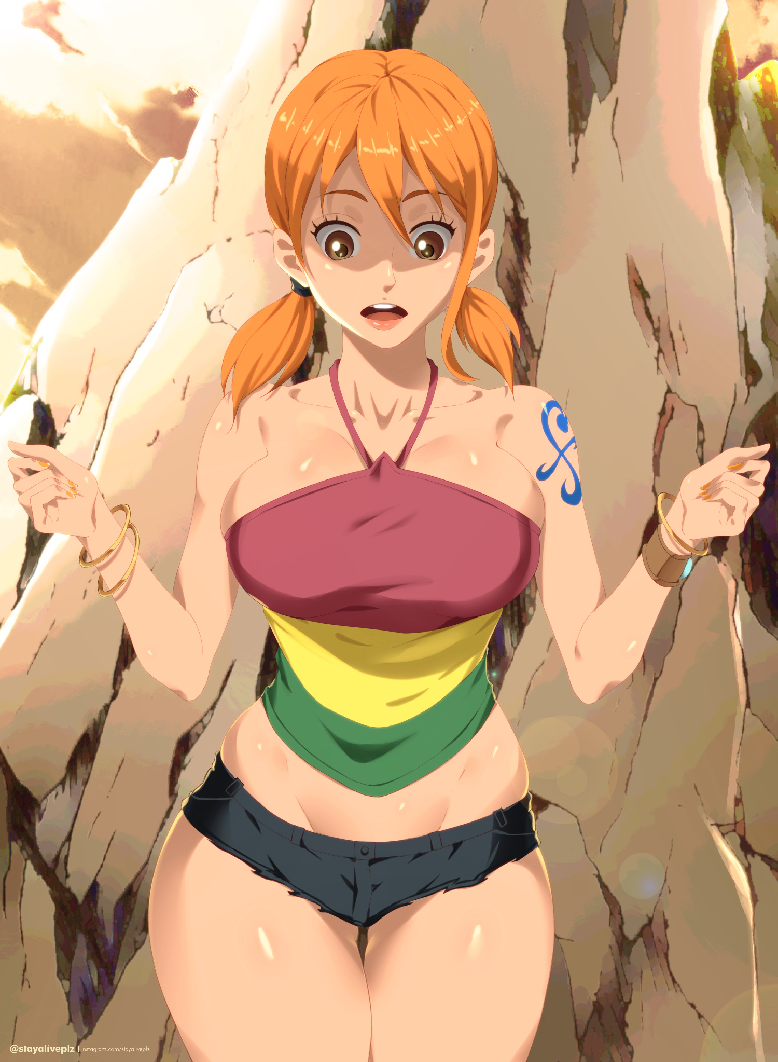 1girls, arm tattoo, big breasts, blue tattoo, breasts, brown eyes, cleavage, curvy, female, female only, low twintails, nami (one piece), one piece, one piece film strong world, orange hair, orange-haired female, rocks, short hair, short shorts, short twintails, shoulder tattoo, sky, solo, stayaliveplz, surprised, tank top, tattoo, thick thighs, tied hair, tight clothing