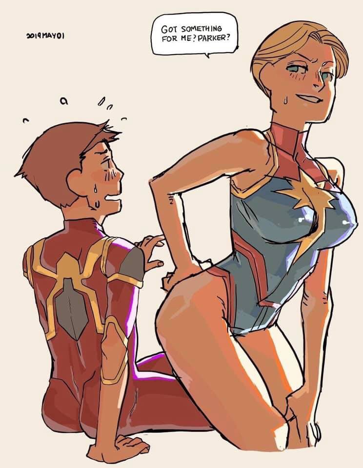 1boy 1girls avengers avengers:_endgame blonde_female captain_marvel carol_danvers female high_leg_leotard human human_only magi male marvel marvel_cinematic_universe marvel_comics nervous older_female peter_parker sleeveless smile spider-man spider-man_(series) straight_hair you_got_something_for_me? younger_male