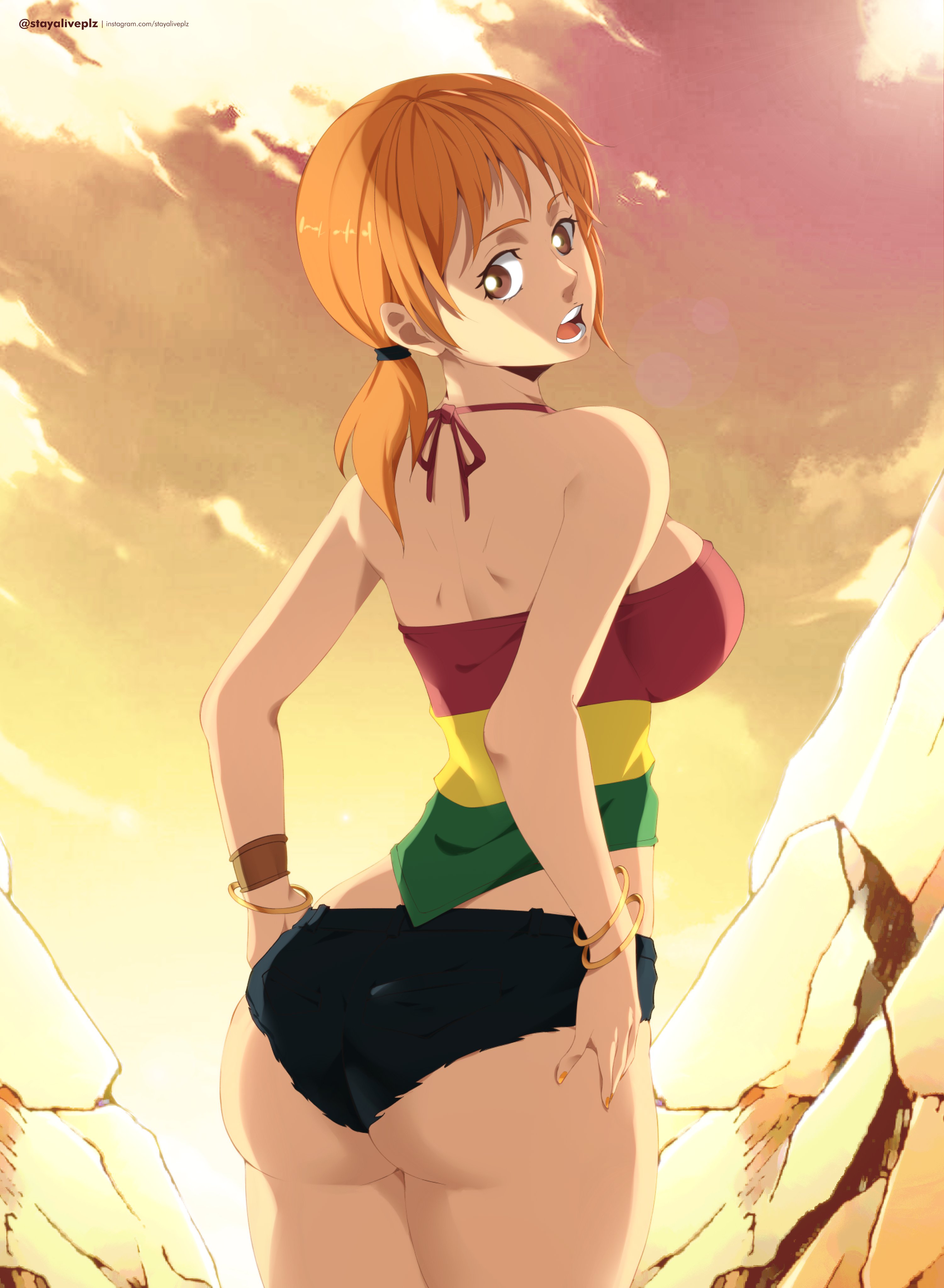 1girls, ass, ass cheeks, big breasts, breasts, brown eyes, curvy, female, female only, nami (one piece), one piece, one piece film strong world, orange hair, orange-haired female, rocks, short hair, short shorts, sky, solo, stayaliveplz, tank top, thick thighs, tied hair
