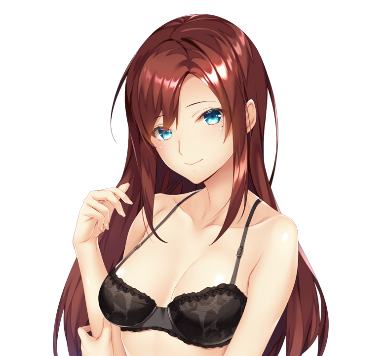 ayase_hazuki bangs bare_shoulders black_bra blue_eyes blush bra breasts cleavage closed_mouth eyebrows_visible_through_hair female female_focus game_cg hand_up koshimizu_yuki light_blush long_hair looking_at_viewer medium_breasts mole mole_under_eye original red_hair simple_background smile solo sugarkiss! transparent_background underwear underwear_only upper_body