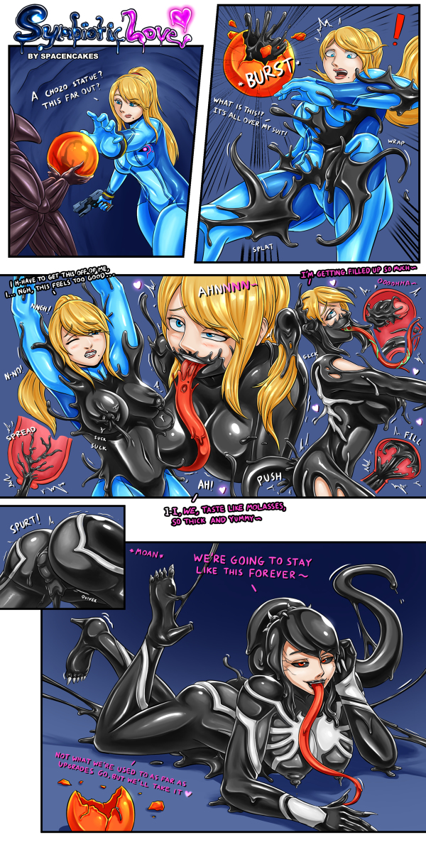 1girls alternate_breast_size big_breasts blue_eyes breast_expansion claws corruption female heeled_feet large_breasts long_tongue marvel metroid nintendo samus_aran she-venom slime spacen'cakes symbiote transformation venom venom_(marvel) zero_suit zero_suit_samus