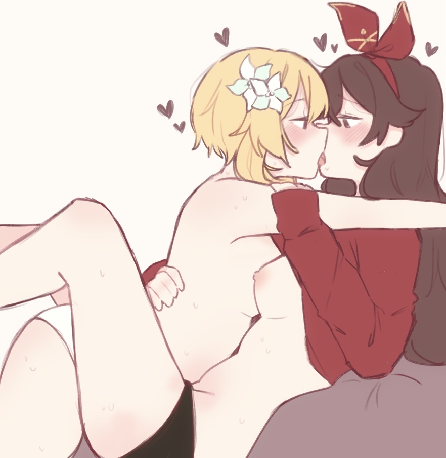 2girls, amber (genshin impact), blonde hair, blush, breasts, brown hair, female, flower in hair, genshin impact, kissing, lumine (genshin impact), medium breasts, multiple females, multiple girls, okaminuki, partially clothed, wholesome, yuri