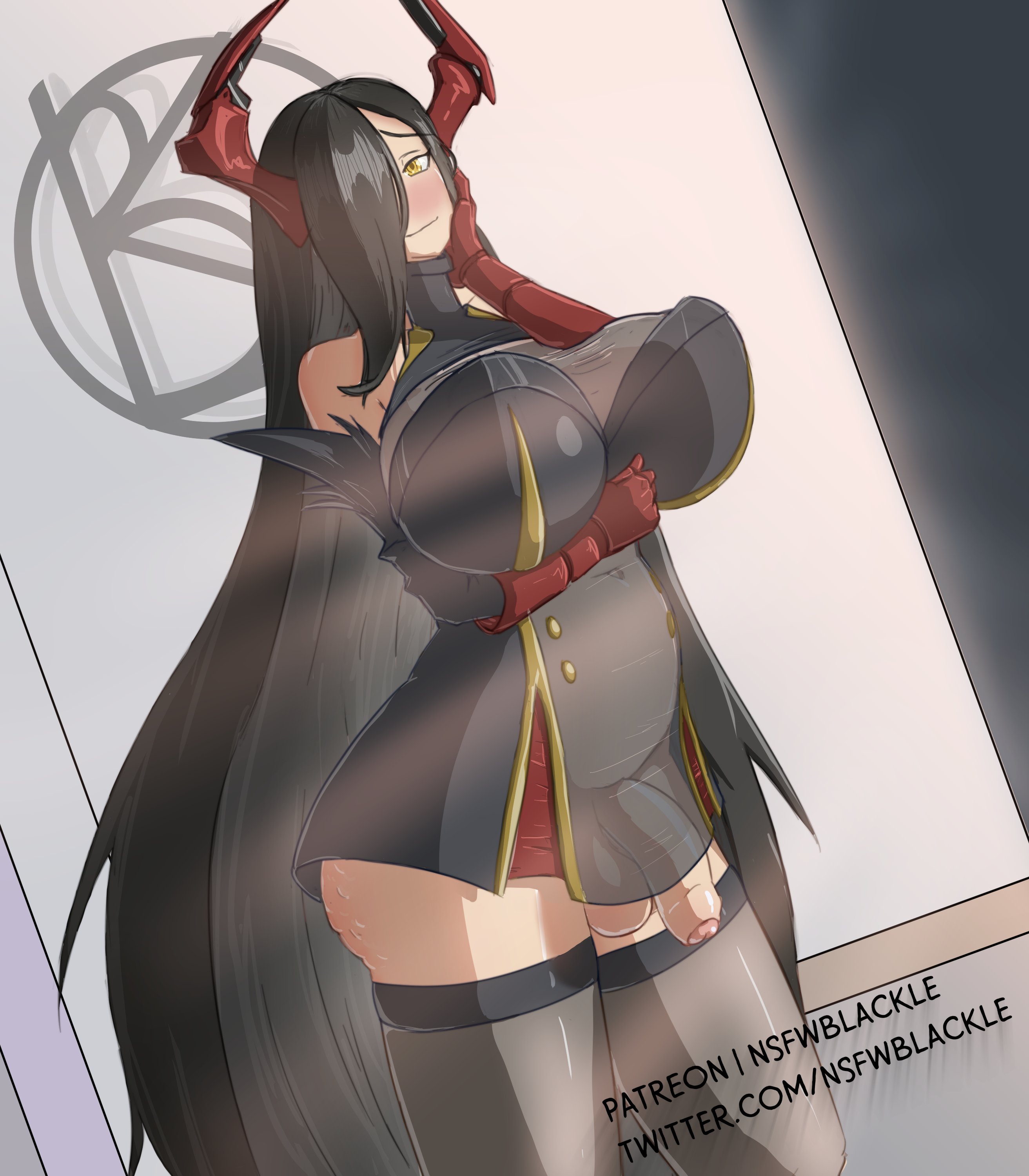 1futa, ass, azur lane, balls, big ass, big breasts, black hair, blush, bottomless, breasts, clothed, clothing, flaccid, flaccid penis, foreskin, friedrich der grosse (azur lane), futa only, futanari, humanoid, humanoid penis, intersex, large breasts, light skin, light-skinned futa, long hair, mostly clothed, nsfwblackle, partially retracted foreskin, penis, retracted foreskin, solo, standing, thick thighs, thighhighs, uncircumcised, uncut