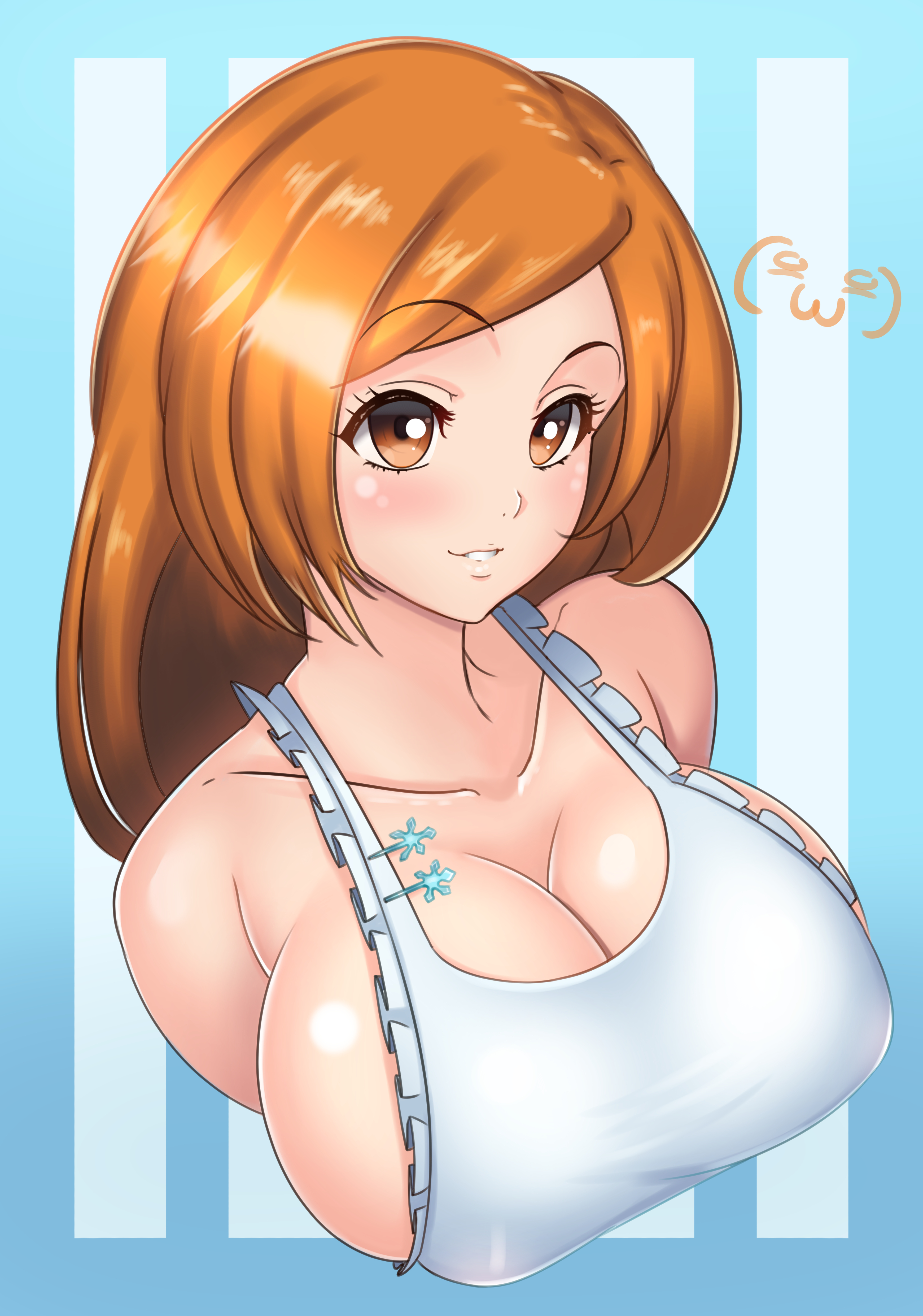 apron, big breasts, bleach, breasts, busty, castell, cleavage, curvaceous, curvy, curvy body, curvy female, curvy figure, female, female only, huge breasts, inoue orihime, long hair, looking at viewer, naked apron, orange hair, solo, solo female, solo focus, voluptuous
