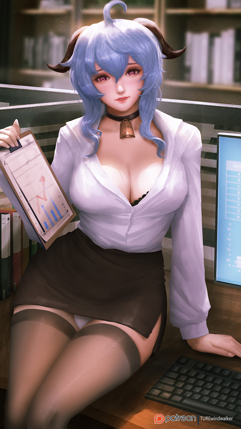 1girls, breasts, cleavage, female, female only, ganyu (genshin impact), genshin impact, office lady, panties, solo, thighhighs, windwalker