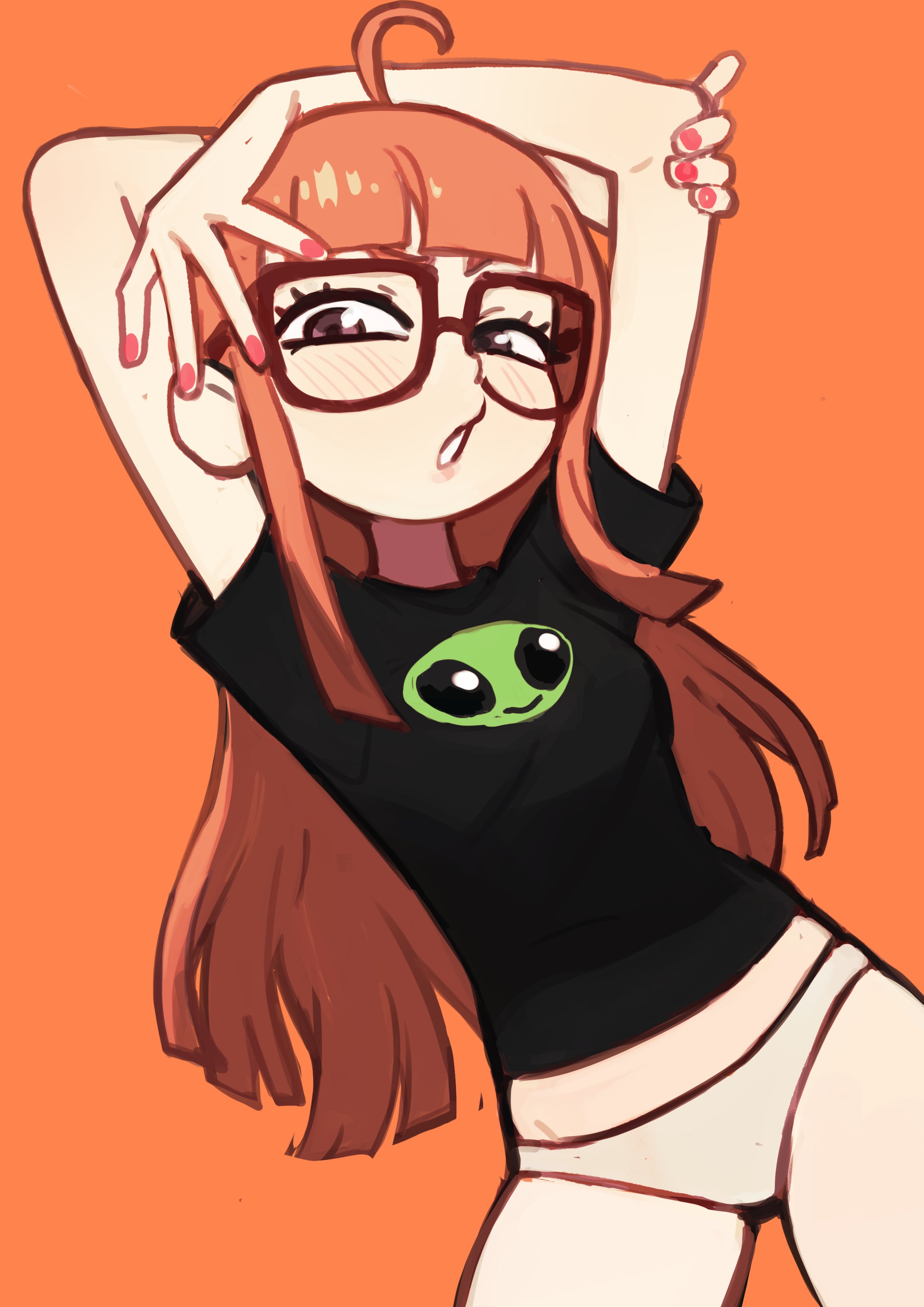 arms up, atlus, blush, brown hair, colo, female, ginger hair, glasses, long hair, looking at viewer, nails, orange hair, painted nails, panties, persona, persona 5, sakura futaba, t-shirt
