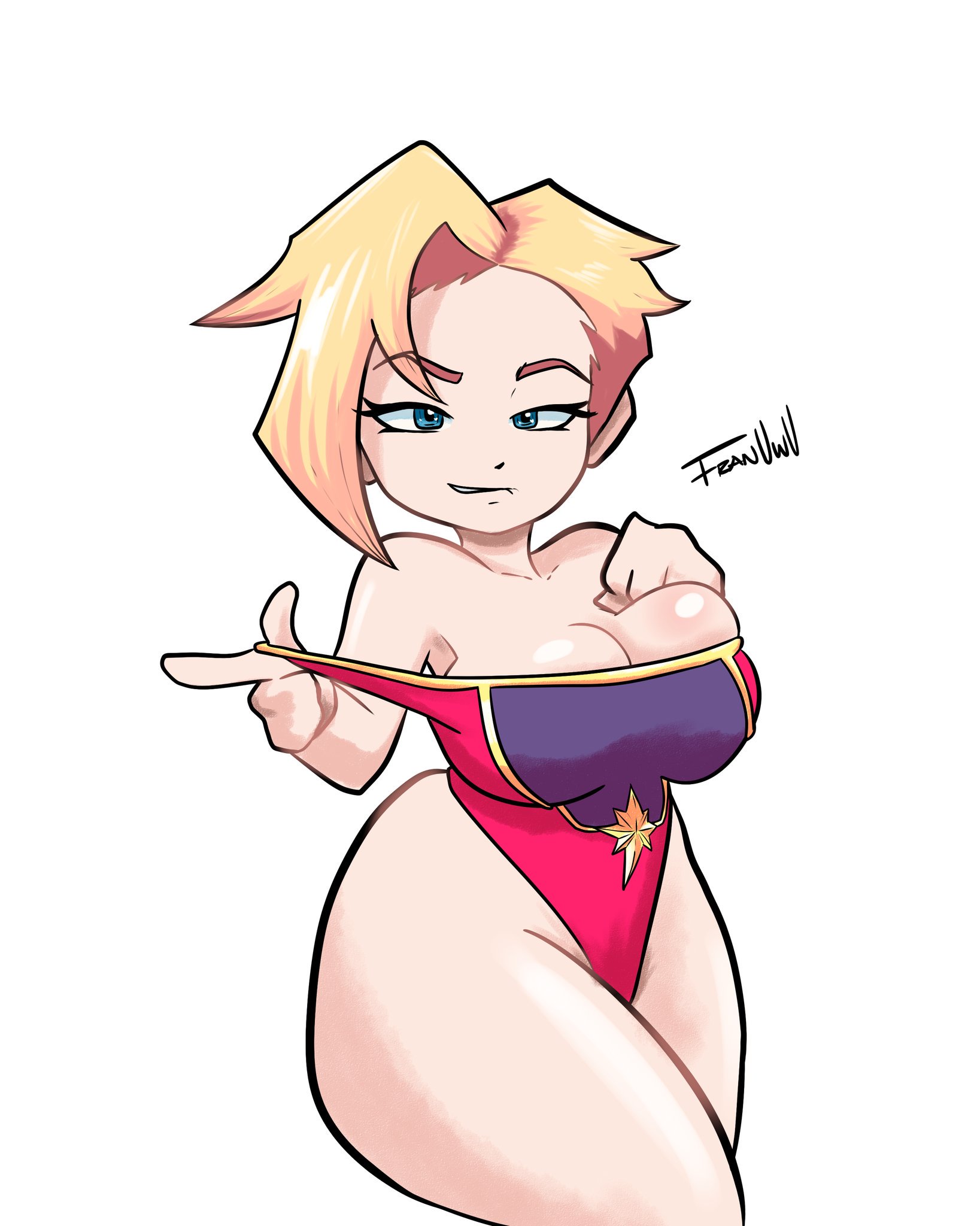 1girls, biting lip, blonde hair, blue eyes, breasts, captain marvel, carol danvers, cleavage, clothing pull, fanartsu, female, female only, franarts uwu, fransart, large breasts, looking at viewer, marvel, marvel comics, solo, thick thighs