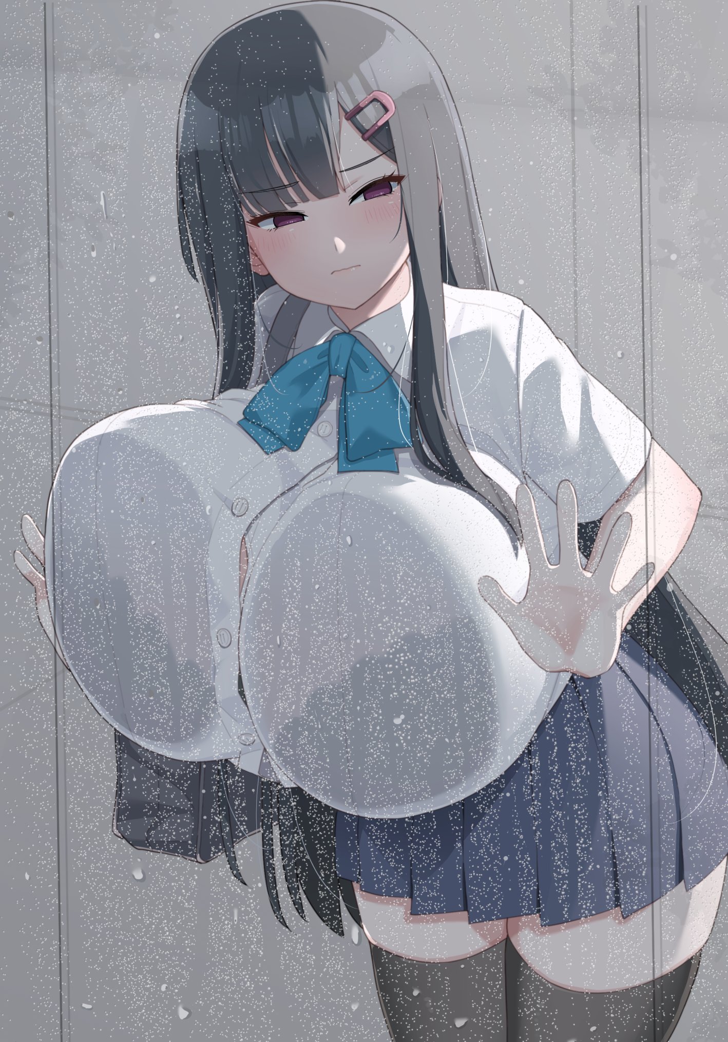 against glass, akitokage, bag, bangs, black hair, black legwear, blue bow, blue bowtie, blue skirt, blush, bow, bowtie, bra visible through clothes, breast press, breasts, breasts on glass, button gap, collared shirt, cowboy shot, female, gigantic breasts, hair ornament, hairclip, highres, long hair, nozomi (akitokage01), original, pleated skirt, shirt, short sleeves, shoulder bag, skirt, solo, thighhighs, very long hair, white shirt