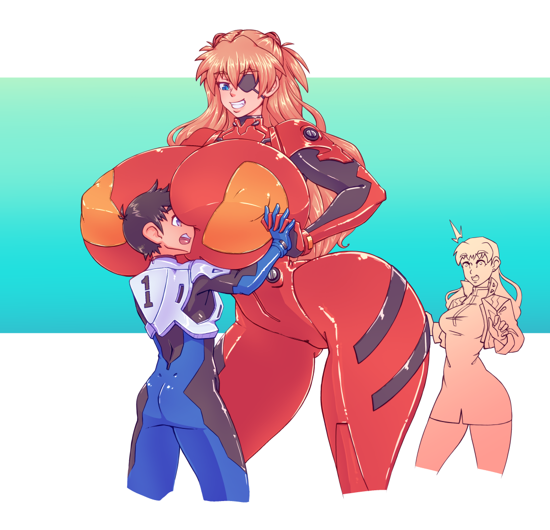 1boy, 2022, 2girls, amazon, ass, asuka langley sohryu, between breasts, breasts, breasts bigger than head, clothing, color, eye patch, female, giantess, gigantic breasts, holding hands, huge ass, huge breasts, interlocked fingers, intertwined fingers, large breasts, larger female, lowroad, male, misato katsuragi, n647, neon genesis evangelion, nipple bulge, plugsuit, shinji ikari, size difference, smirking, smothering, thick thighs, thin waist, voluptuous, wide hips