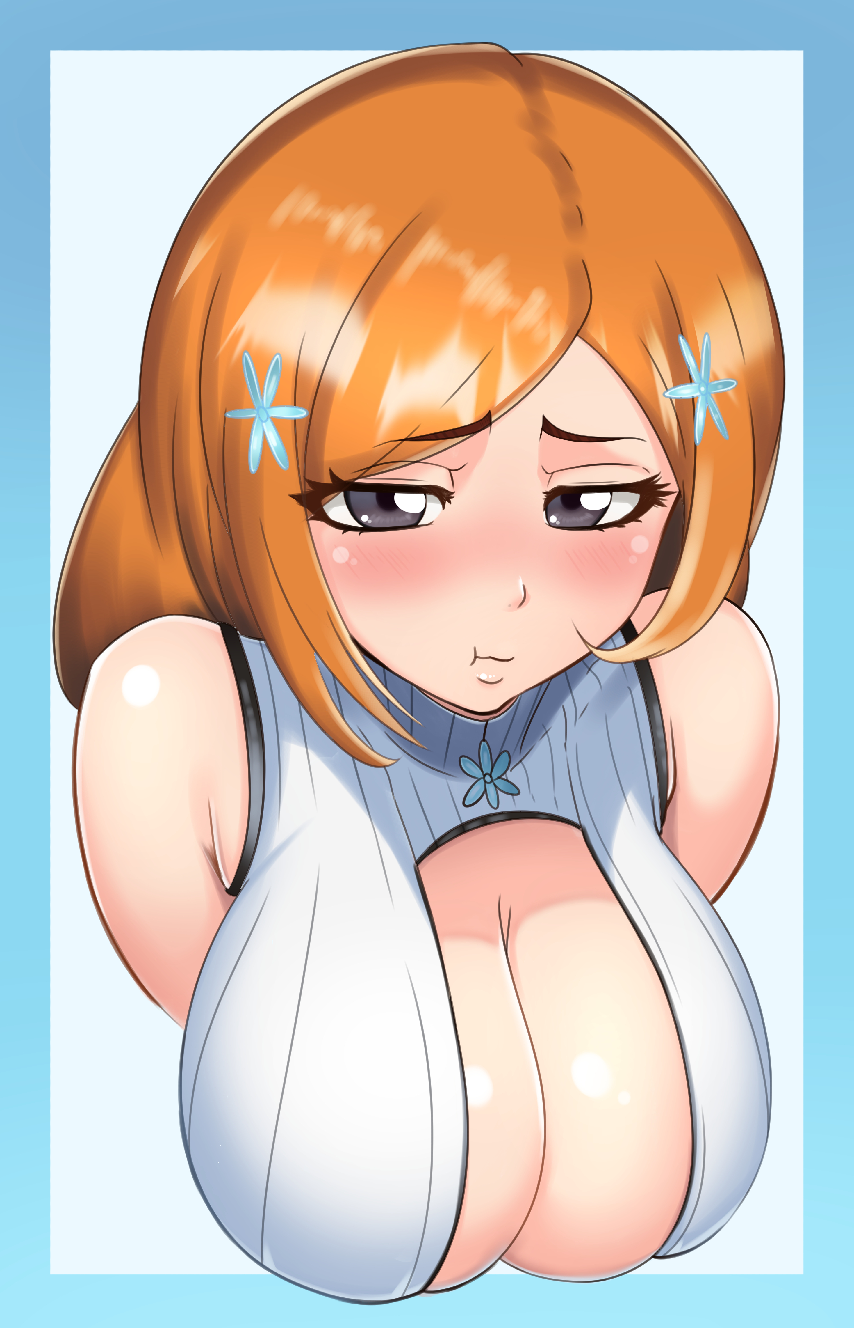 1girls, big breasts, bleach, blush, blushing, breasts, busty, castell, cleavage, curvaceous, curvy, curvy body, curvy female, curvy figure, female, female only, hanging breasts, huge breasts, inoue orihime, long hair, looking at viewer, orange hair, pout, solo, solo female, solo focus, voluptuous