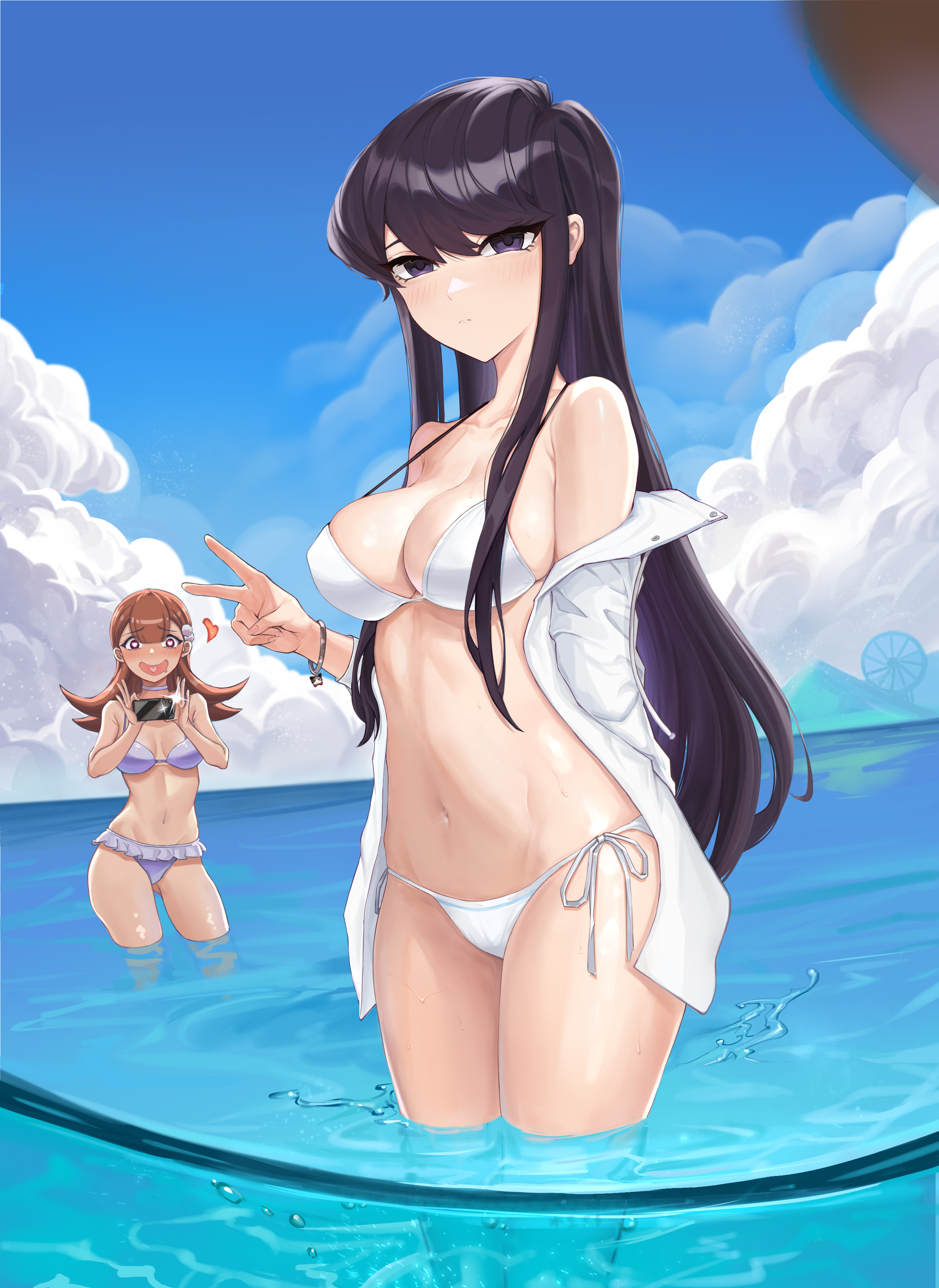2girls, big breasts, bikini, breasts, female, female only, komi shouko, komi-san wa komyushou desu, light skin, light-skinned female, looking at viewer, outdoors, outside, under aquatic, v, yamai ren