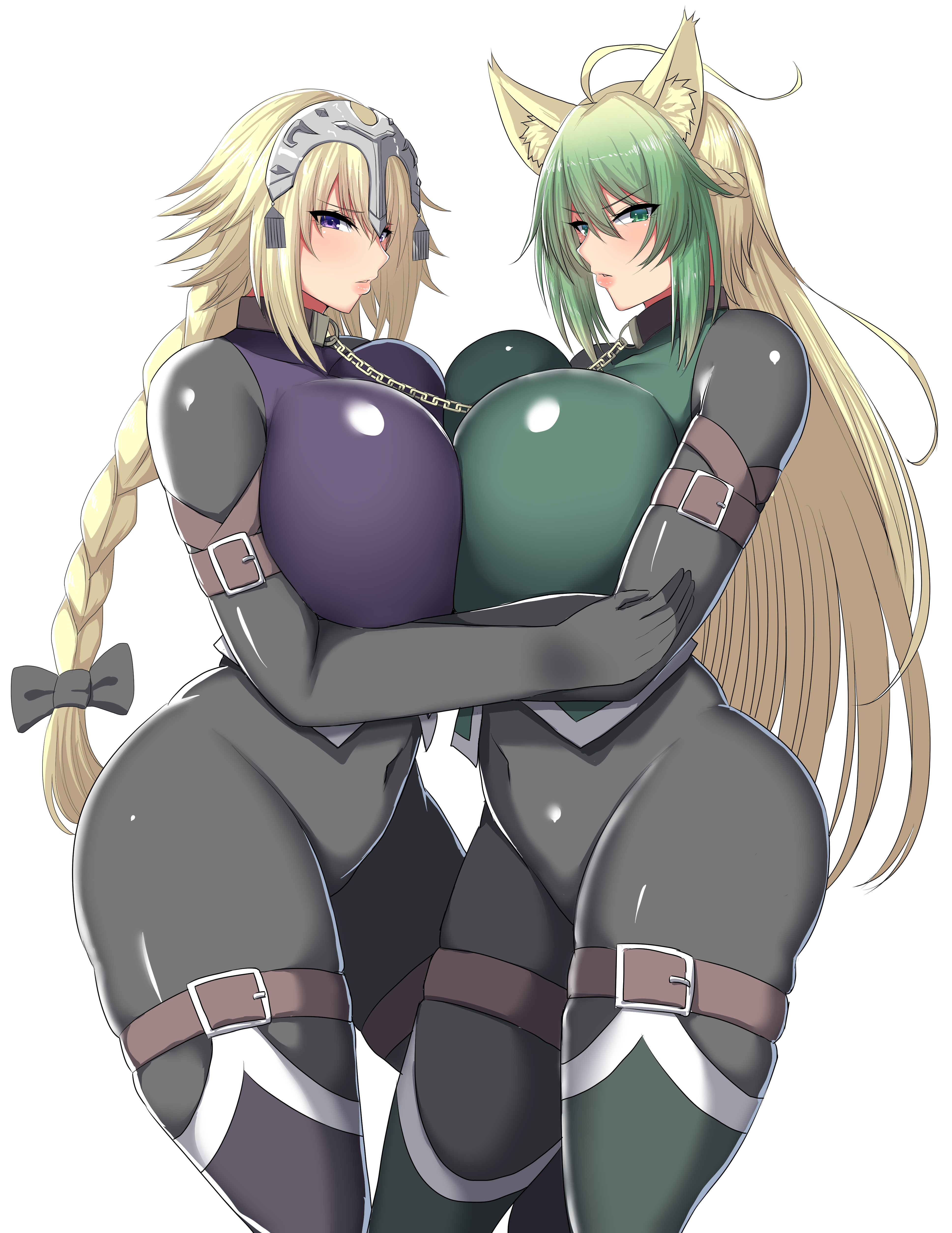 2girls, animal ears, ar (lover boy), asymmetrical docking, atalanta (fate), blonde hair, breasts, chain, fate (series), fate/apocrypha, fate/grand order, female, huge breasts, jeanne d'arc (fate), standing, tagme