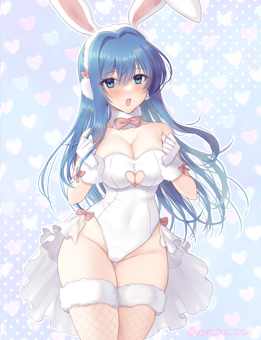 1girls :d alternate_costume animal_ears ass_visible_through_thighs awayuki_ramika bare_thighs blue_eyes blue_hair blush bow bowtie breasts bunny_ears bunny_girl bunnysuit caeda_(fire_emblem) cleavage cleavage_cutout clothing_cutout collarbone covered_navel detached_collar fake_animal_ears female female_only fire_emblem fire_emblem:_mystery_of_the_emblem fire_emblem:_shadow_dragon_and_the_blade_of_light fishnet_legwear fishnets gloves groin heart heart_background heart_cutout highleg highleg_leotard highres large_breasts leotard long_hair looking_at_viewer nintendo open_mouth pink_bow playboy_bunny rabbit_ears showgirl_skirt smile solo strapless strapless_leotard thighhighs thighs twitter_username white_gloves white_legwear white_leotard wrist_cuffs