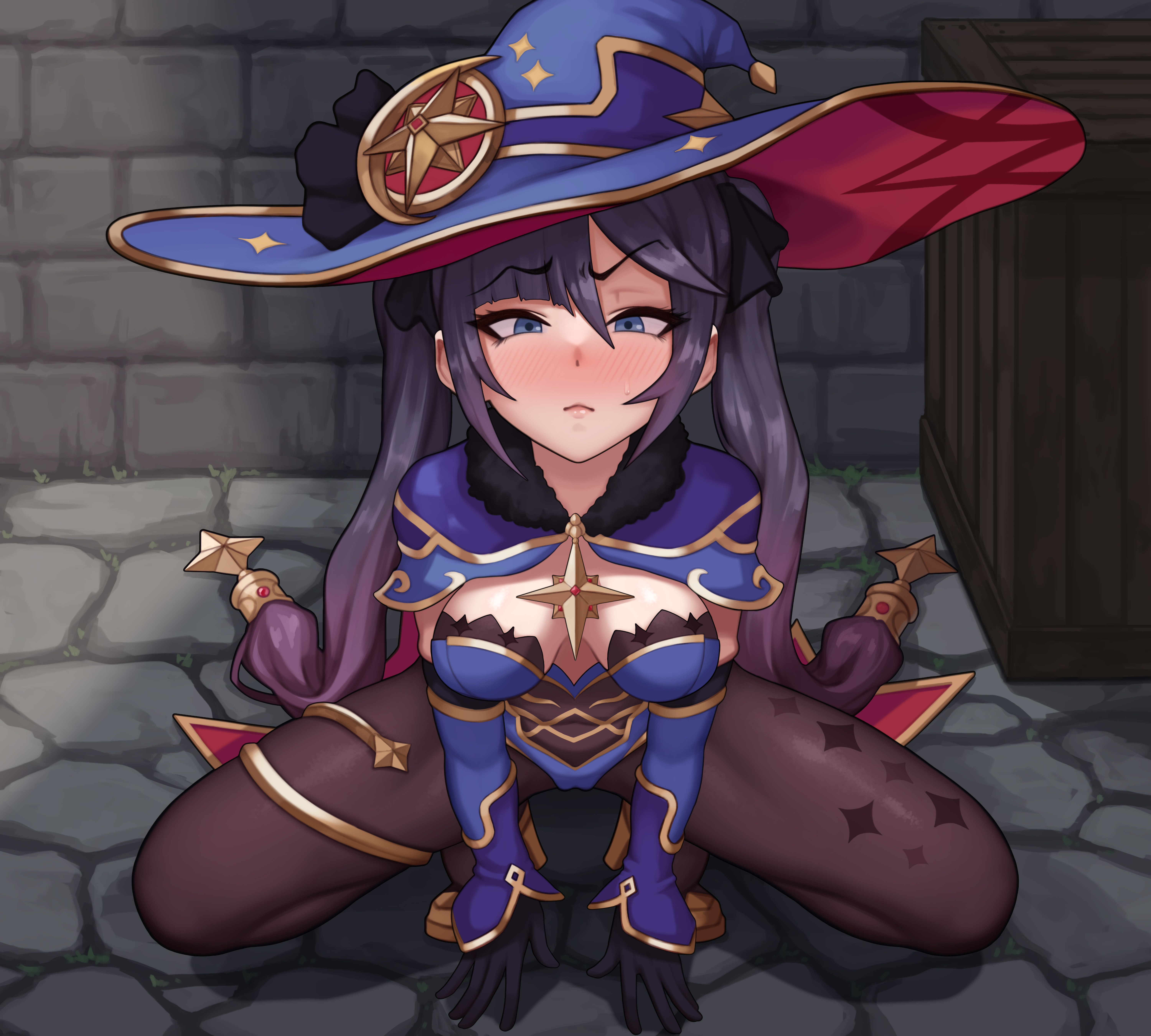1boy, 1girls, alternate version available, blue eyes, blush, box, breasts, cameltoe, eyebrows visible through hair, female, fur trim, genshin impact, hands on ground, legs spread, legwear, male, medium breasts, mona (genshin impact), poper, pussy, tagme, twintails, two-tone hair, witch hat