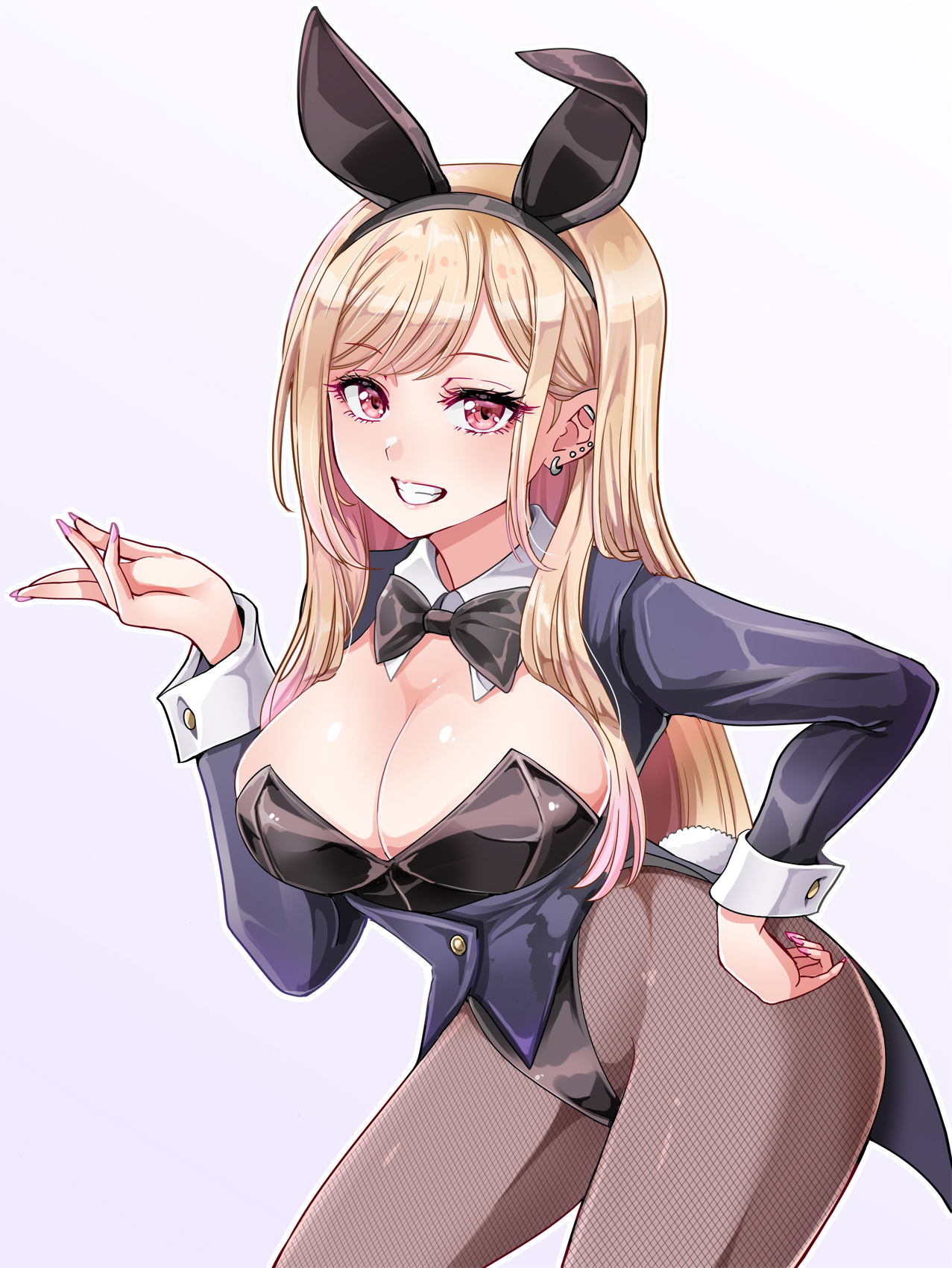 1girls, ass, big ass, big breasts, blush, breasts, bunny ears, bunnysuit, cleavage, ear piercing, female, female only, fishnet legwear, fishnets, gyaru, kitagawa marin, piercing, sono bisque doll wa koi wo suru, wide hips