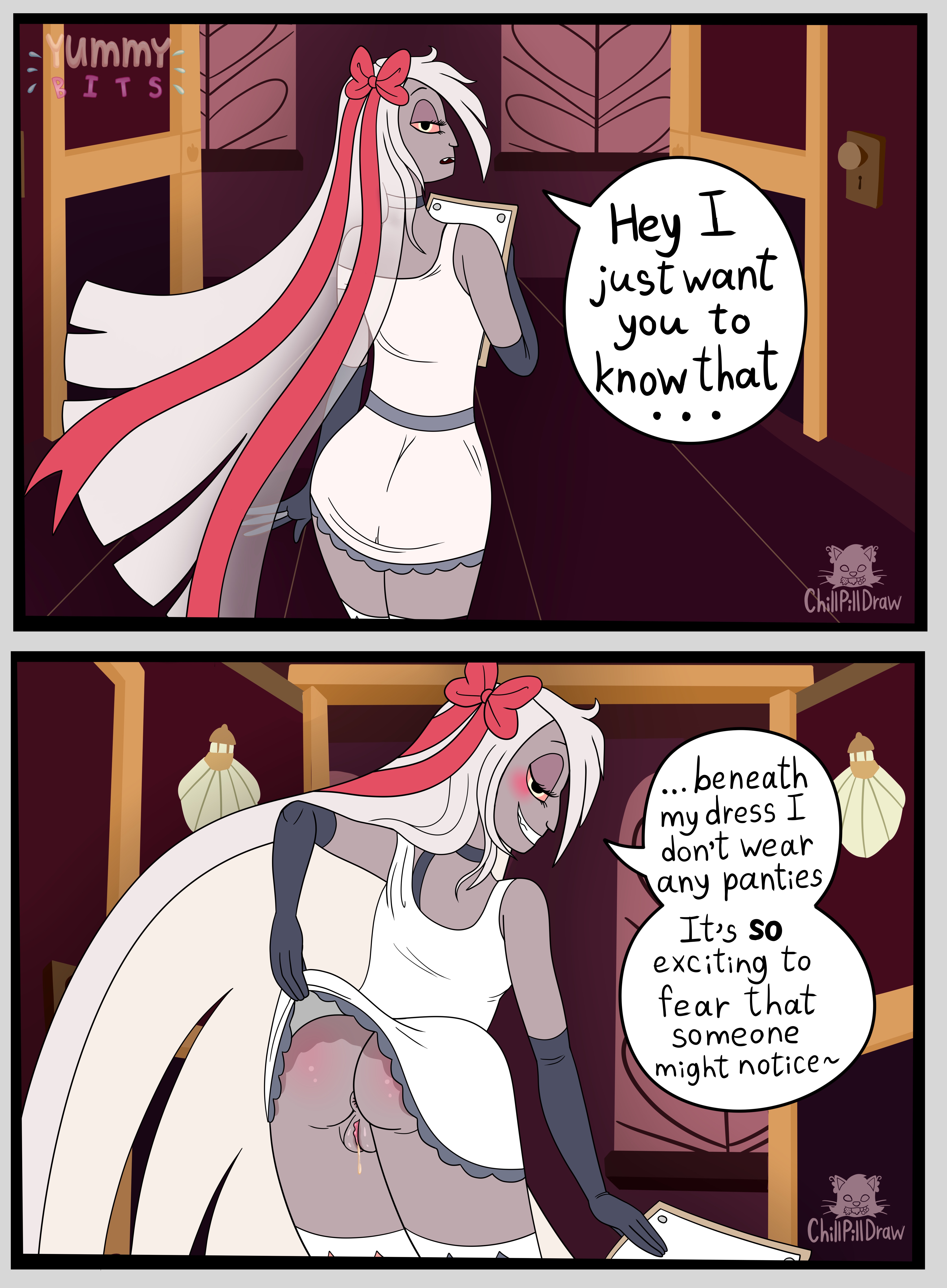 1girls, ass, blush, bow, chillpilldraw, clipboard, clothing, demon, demon girl, dialogue, dress, female, gloves, grey skin, hazbin hotel, long hair, looking at viewer, looking back, no panties, open mouth, pink eyes, pussy, pussy juice, sharp teeth, smile, solo, source request, speech bubble, straight hair, text, vaggie (hazbin hotel), vivienne medrano, white hair