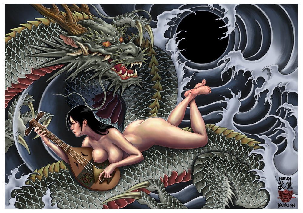 artistic benzaiten_(japanese_mythology) big_ass big_breasts dean_brorson detailed detailed_background dragon feet female guitar mythology nude playing_instrument the_pose