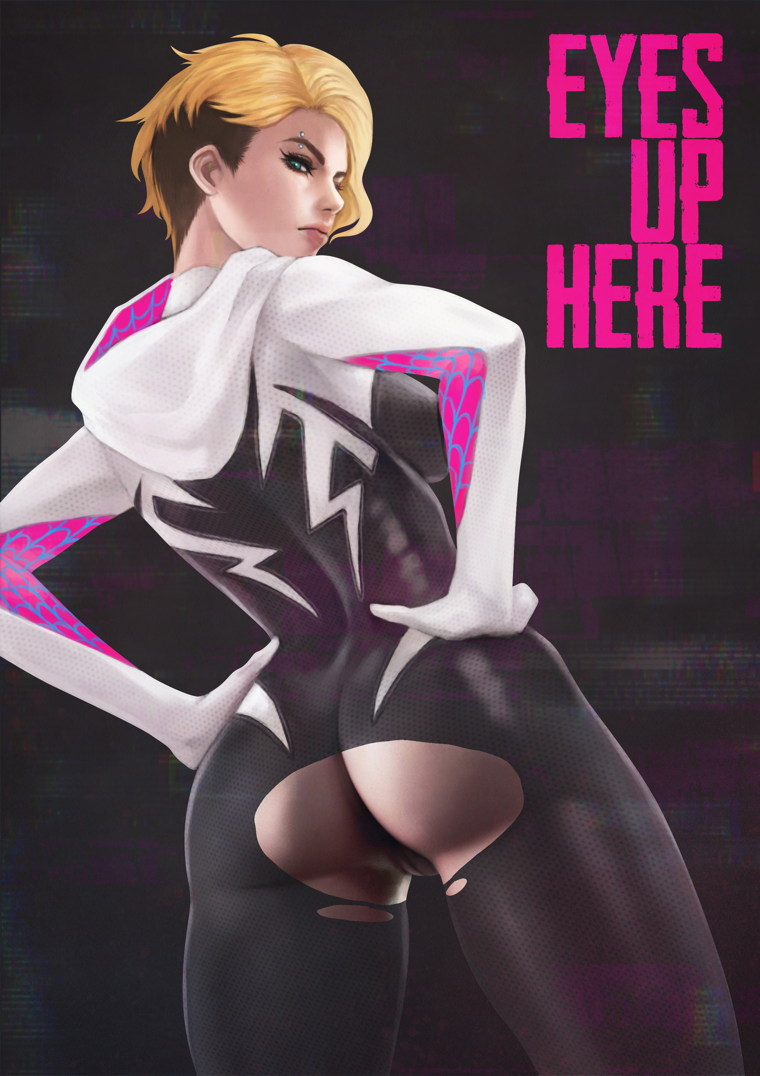 1girls, animal print, ass, asymmetrical hair, black bodysuit, blonde hair, blue eyes, bodysuit, bottomless, breasts, clothing, english, english text, eyebrow piercing, eyebrows, female, female only, gwen stacy, hair dye, hands on hips, high resolution, hood, hood down, hooded bodysuit, human, light skin, light-skinned female, lips, looking at viewer, looking back, makeup, marvel, marvel comics, mascara, medium breasts, monori rogue, monorirogue, multicolored bodysuit, multicolored clothes, no panties, nose, piercing, pussy, short hair, skin tight, solo, solo female, spider web print, spider-gwen, spider-man (series), spider-man: into the spider-verse, superhero, text, thick eyebrows, tight clothing, torn bodysuit, torn clothes, turning head, undercut, very high resolution