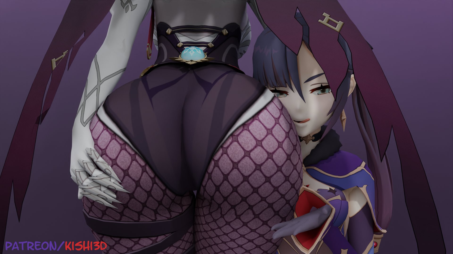ass, ass focus, ass grab, ass worship, big ass, bottom heavy, female, genshin impact, kishi, licking lips, mona (genshin impact), presenting, presenting hindquarters, rosaria (genshin impact), showing off, tight clothing, uncensored, yuri
