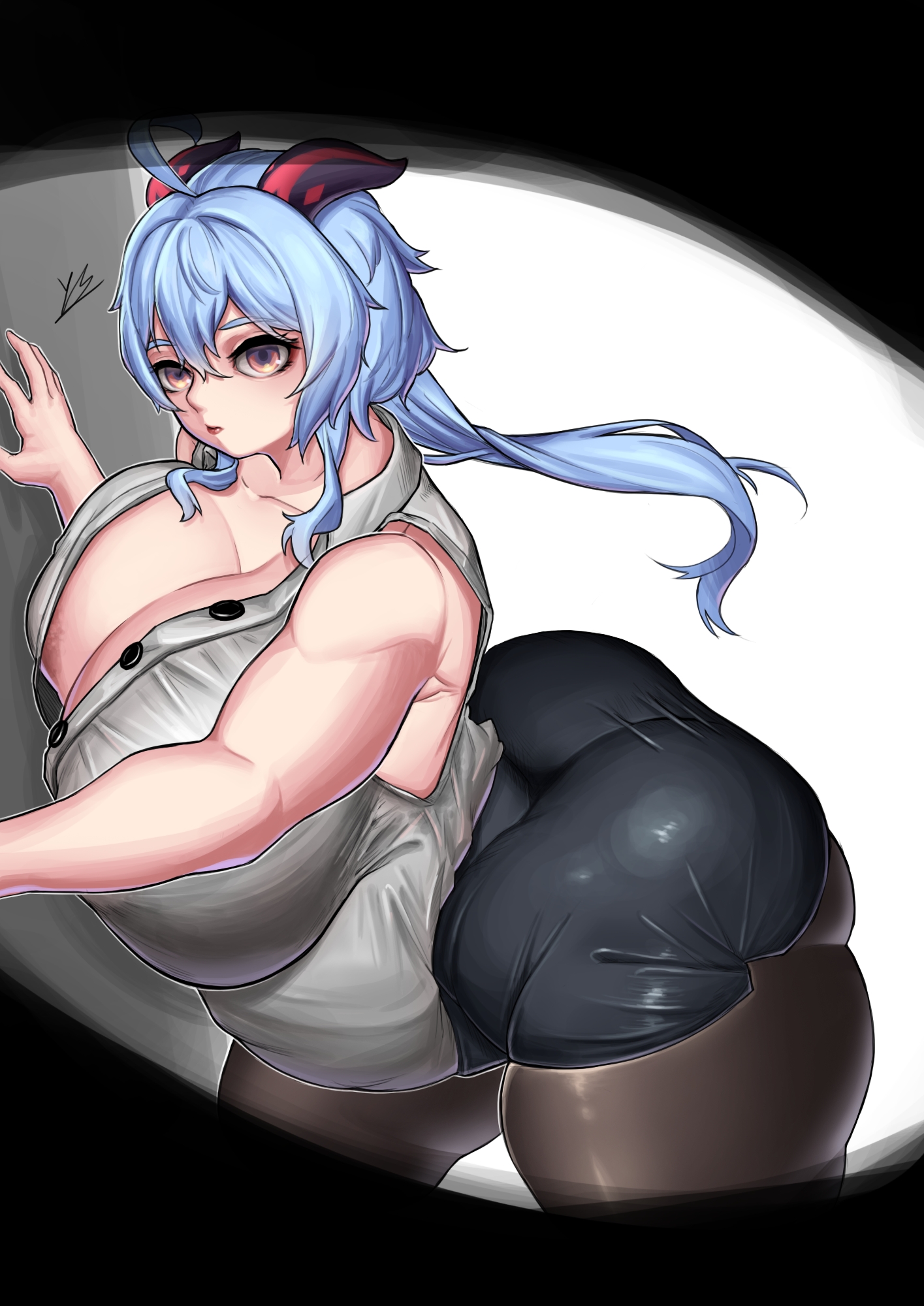 areola slip, areolae, ass, bangs, bare shoulders, big belly, blue hair, breasts, cleavage, collared shirt, curvy, fat, fat rolls, female, ganyu (genshin impact), genshin impact, gigantic breasts, goat horns, grey shirt, highres, horns, huge ass, impossible clothes, impossible skirt, long hair, looking at viewer, mint2134, office lady, pantyhose, partially unbuttoned, peeping, pencil skirt, plump, purple eyes, shirt, simple background, skirt, sleeveless, sleeveless shirt, solo, thick thighs, thighs, yeowasae