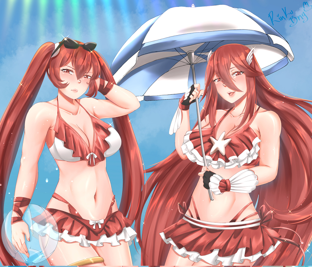 2girls alternate_costume bikini bikini_skirt breasts cleavage cordelia_(fire_emblem) cordelia_(summer)_(fire_emblem) female female_only fire_emblem fire_emblem_awakening fire_emblem_heroes frills frown hair_between_eyes large_breasts long_hair looking_at_viewer mother_and_daughter multiple_girls nintendo official_alternate_costume open_mouth parasol red_bikini red_eyes red_hair red_swimsuit rinku_bny severa_(fire_emblem) smile swimsuit twintails umbrella very_long_hair