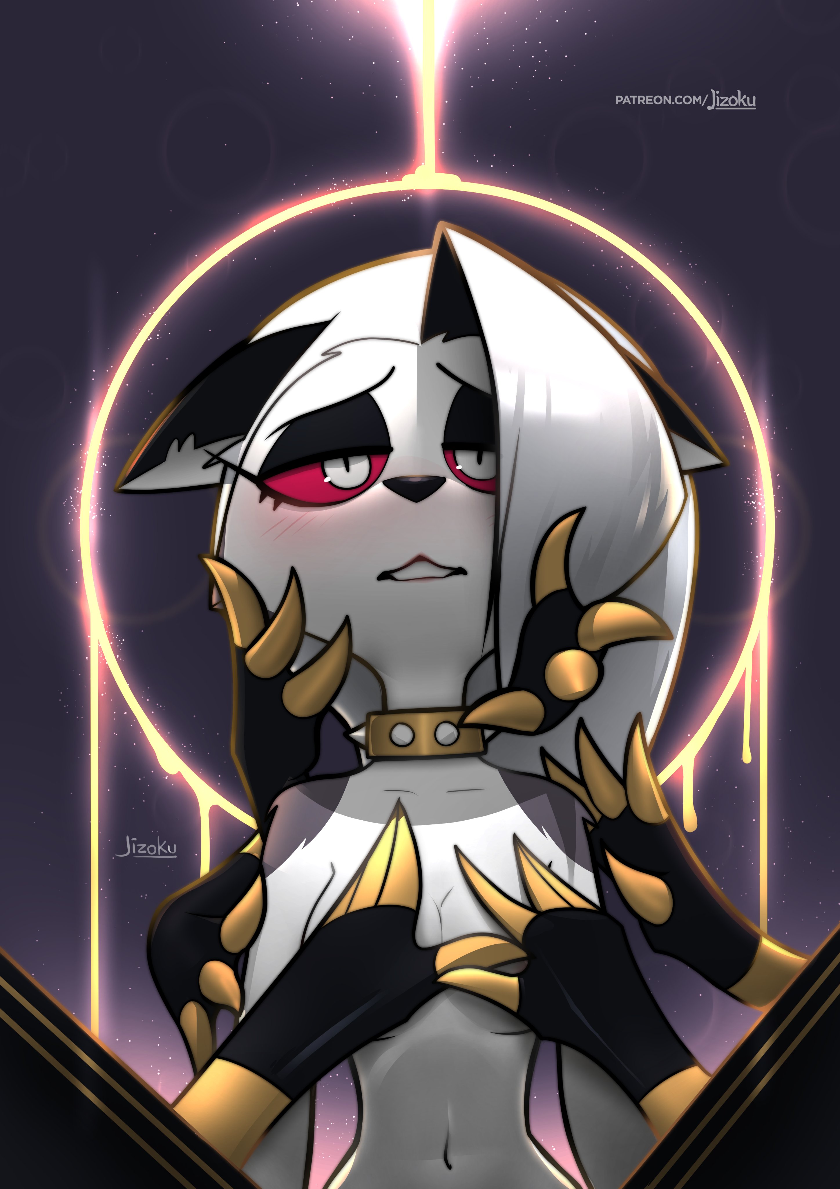 1girls, anthro, collar, female, furry, hands, hellhound, helluva boss, jizoku, loona (helluva boss), red eyes