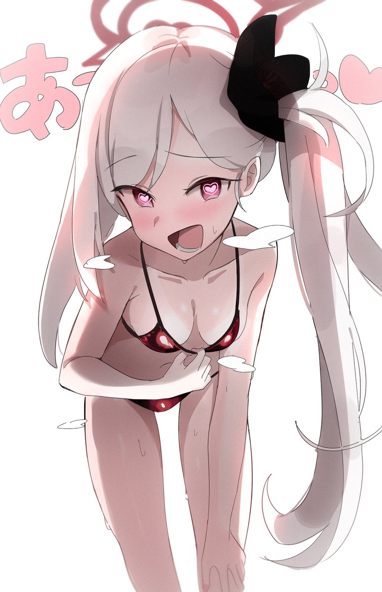 bikini, blue archive, breasts, cleavage, female, gehenna academy student, halo, heart, heart-shaped pupils, highres, long hair, metallic bikini, mutsuki (blue archive), open mouth, problem solver 68 (blue archive), purple eyes, sabashi, side ponytail, small breasts, steam, swimsuit, symbol-shaped pupils, white background, white hair