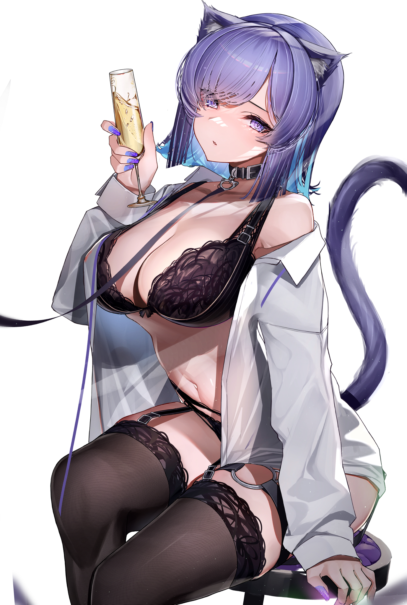 animal ear fluff, animal ears, bangs, black bra, black collar, black panties, blue hair, bra, breasts, brown legwear, cat ears, cat girl, cat tail, cleavage, collar, colored inner hair, cup, drinking glass, female, garter belt, highres, holding, holding cup, hololive, hololive gamers, hololive japan, lamium (artist), large breasts, long sleeves, looking at viewer, midriff, multicolored hair, nail polish, navel, nekomata okayu, off shoulder, panties, parted lips, purple eyes, purple hair, purple nails, shirt, simple background, sitting, solo, stomach, tail, tail raised, thighhighs, underwear, virtual youtuber, white background, white shirt