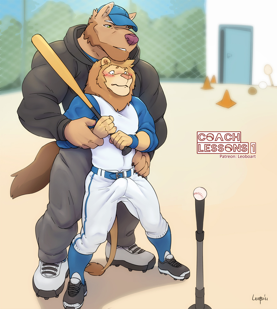 anthro ball baseball_(ball) baseball_bat bat_(object) blush bulge canid canine canis clothed clothing coach duo erection erection_under_clothing felid hat headgear headwear leobo lion male male_only mammal pantherine romeo_(leobo) squint_(leobo) wolf