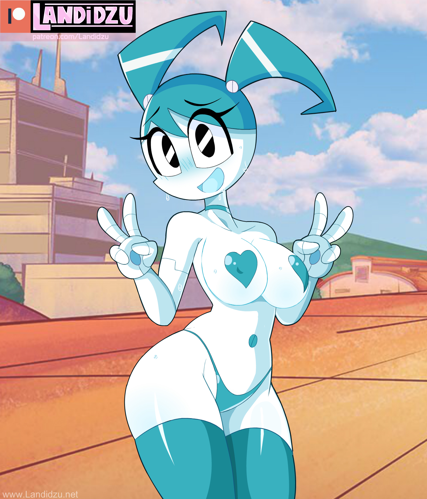1girls, black eyes, blue hair, blue panties, blush, blushing, breasts, double v, female, female only, heart, heart pasties, hi res, jenny wakeman, landidzu, my life as a teenage robot, navel, nickelodeon, panties, pasties, peace sign, pigtails, robot, robot girl, shiny eyes, standing, sweat, thighhighs, thong, v, xj-9