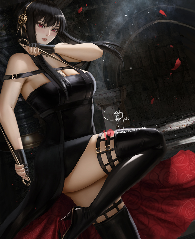 1girls assassin black_dress black_gloves black_hair black_legwear boots breasts cleavage clothing dagger dress falling_petals female fingerless_gloves footwear gloves gold_hairband hair_bun hi_res holding holding_dagger holding_weapon knee_up knife large_breasts legwear long_hair looking_at_viewer petals red_eyes signature sleeveless sleeveless_dress solo spy_x_family stiletto_(weapon) thigh_boots thighhighs thorn_princess tied_hair weapon wei_(promise_0820) yor_briar